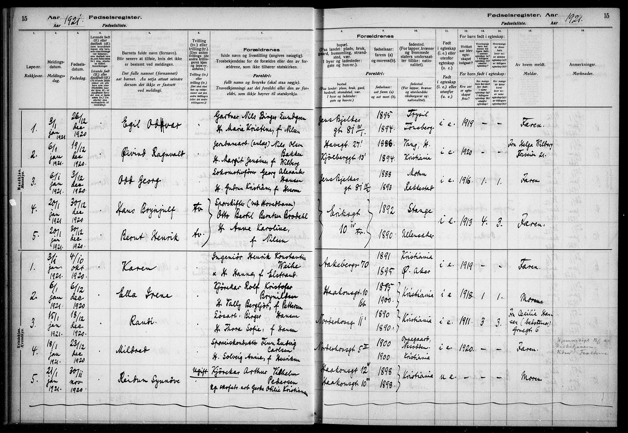 Kampen prestekontor Kirkebøker, AV/SAO-A-10853/J/Ja/L0002: Birth register no. 2, 1920-1935, p. 15