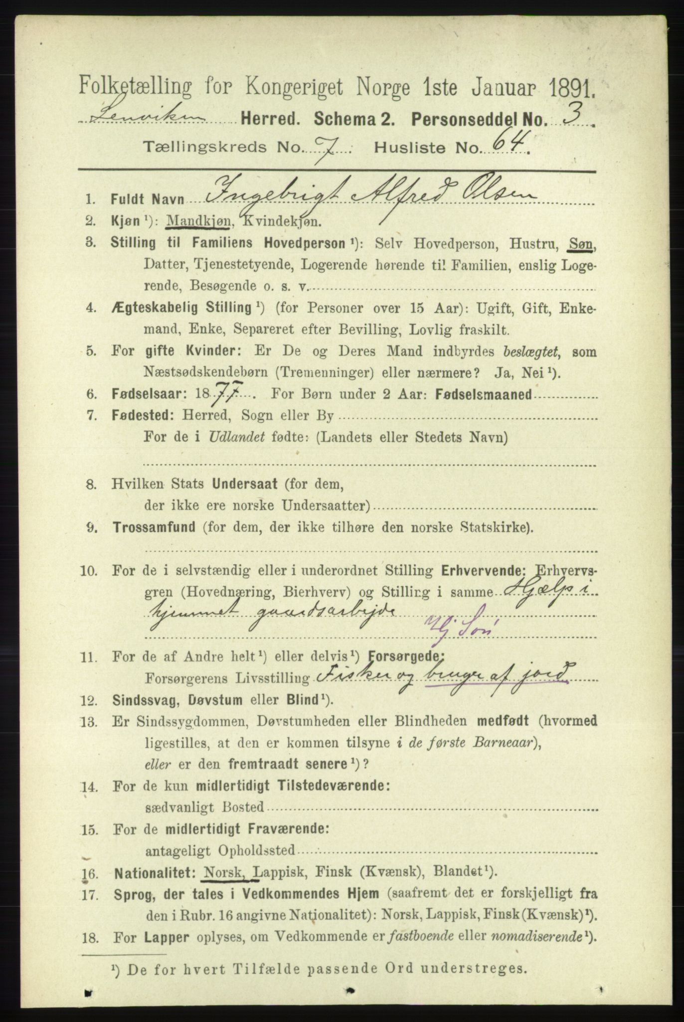 RA, 1891 census for 1931 Lenvik, 1891, p. 4170