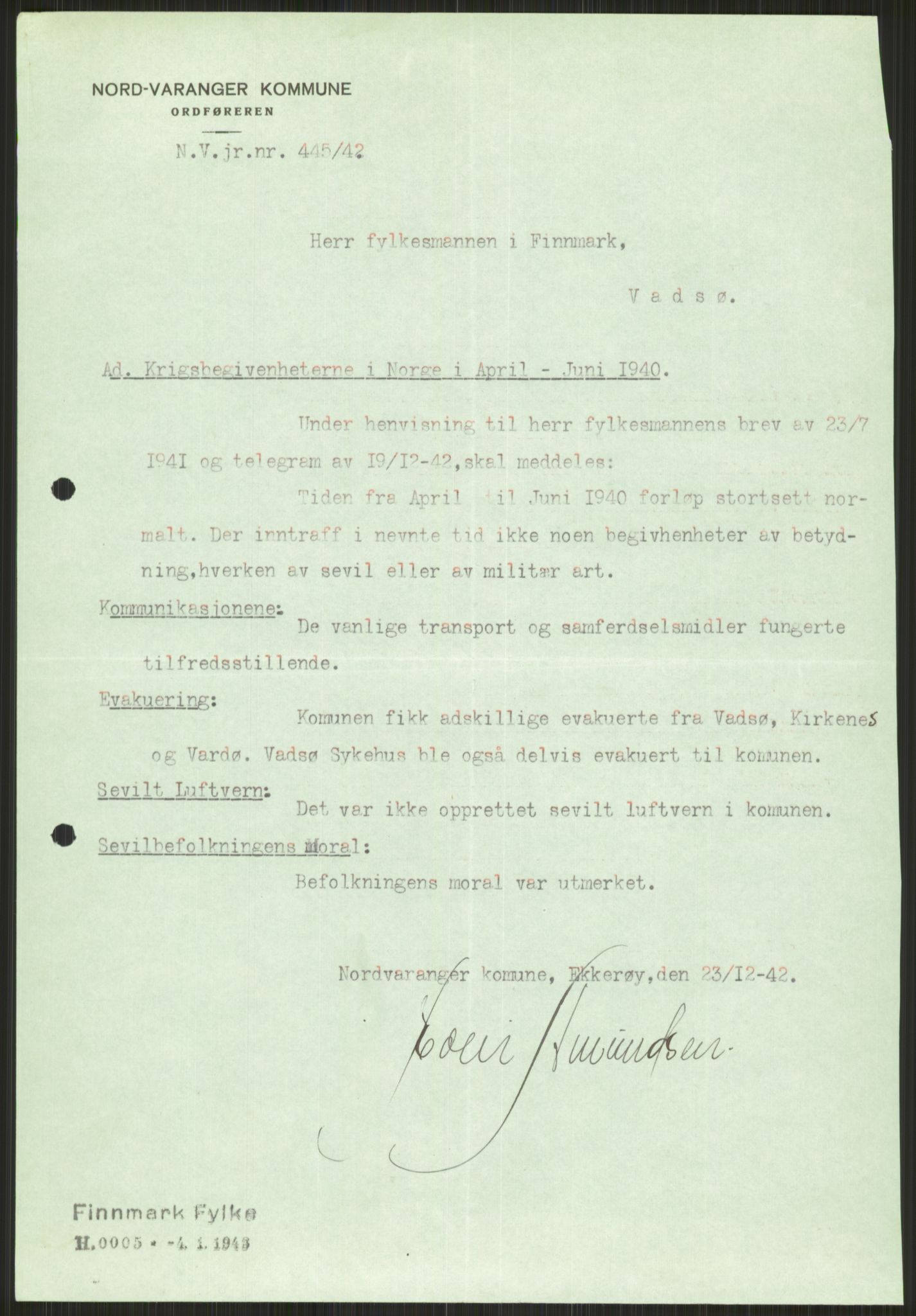 Forsvaret, Forsvarets krigshistoriske avdeling, RA/RAFA-2017/Y/Ya/L0017: II-C-11-31 - Fylkesmenn.  Rapporter om krigsbegivenhetene 1940., 1940, p. 729