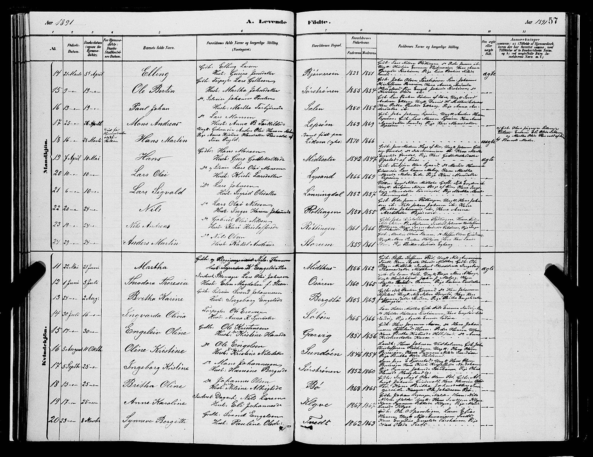 Os sokneprestembete, SAB/A-99929: Parish register (copy) no. A 2, 1880-1896, p. 57