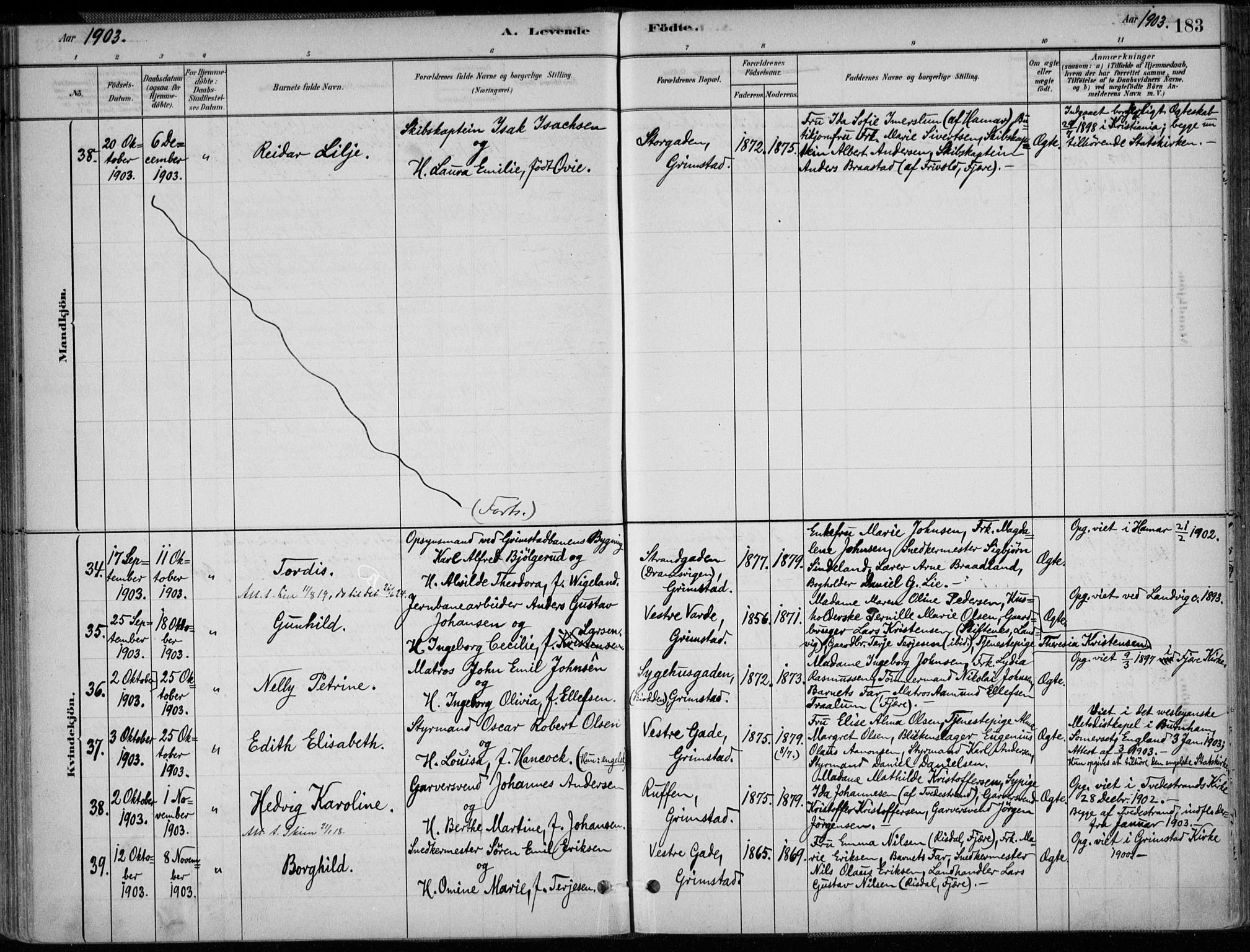 Grimstad sokneprestkontor, AV/SAK-1111-0017/F/Fa/L0003: Parish register (official) no. A 2, 1882-1912, p. 183