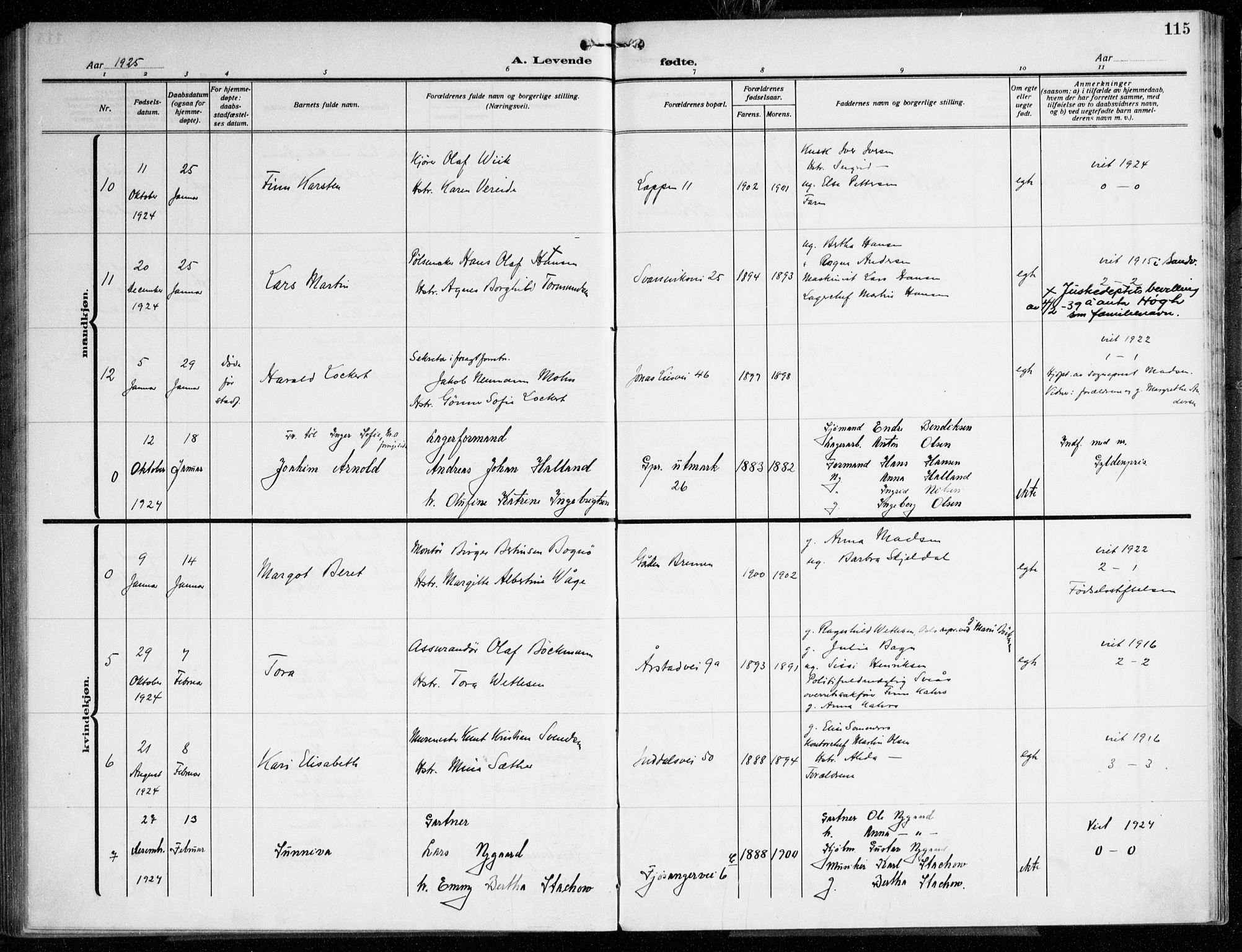 Årstad Sokneprestembete, AV/SAB-A-79301/H/Haa/L0005: Parish register (official) no. A 5, 1923-1925, p. 115