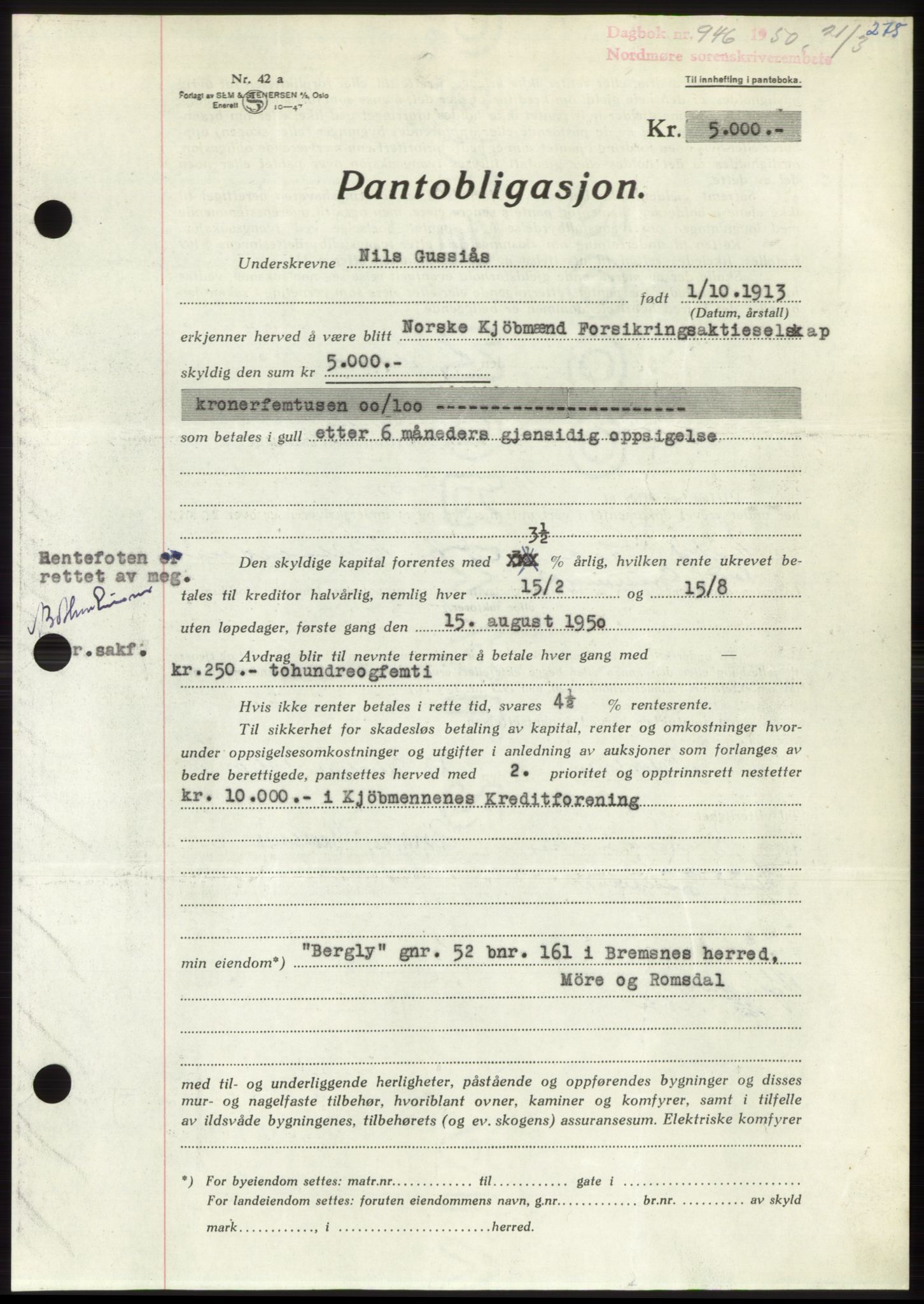 Nordmøre sorenskriveri, AV/SAT-A-4132/1/2/2Ca: Mortgage book no. B104, 1950-1950, Diary no: : 946/1950