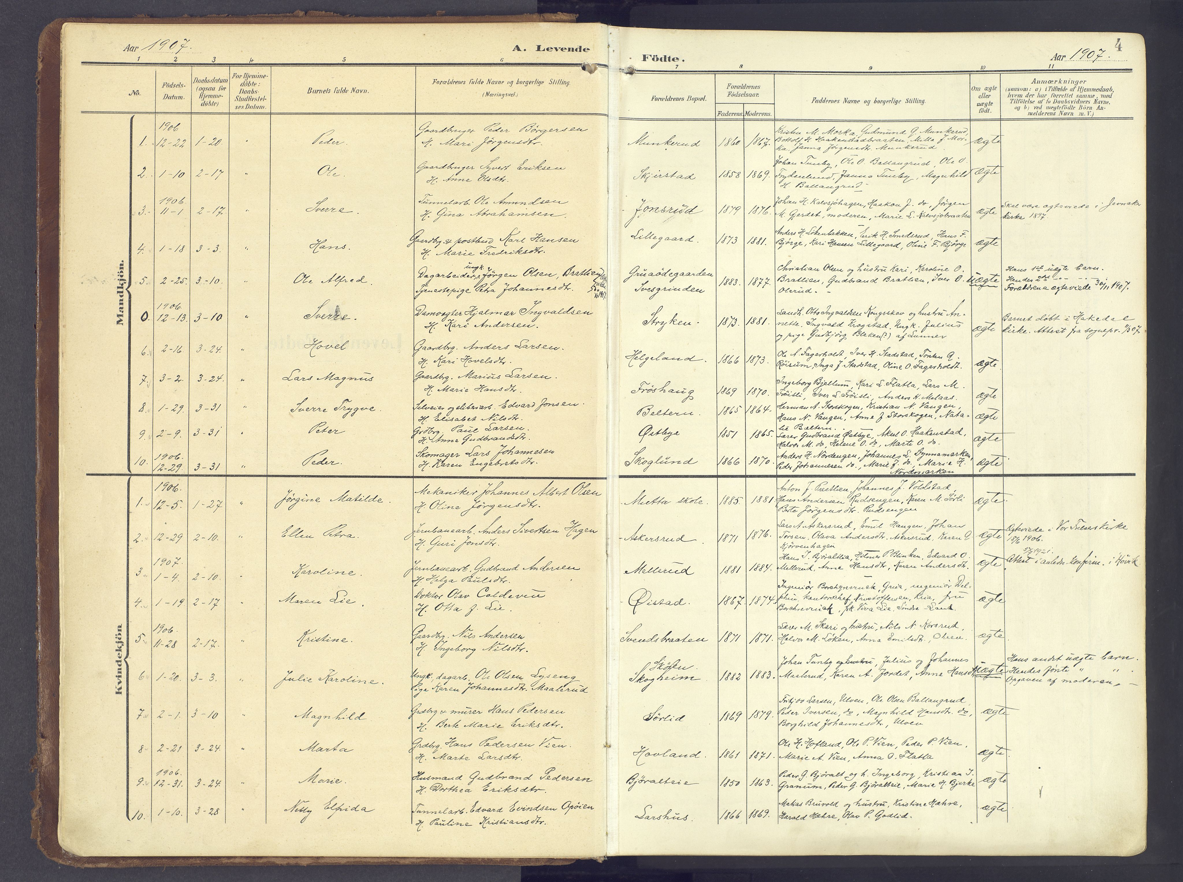 Lunner prestekontor, SAH/PREST-118/H/Ha/Haa/L0001: Parish register (official) no. 1, 1907-1922, p. 4