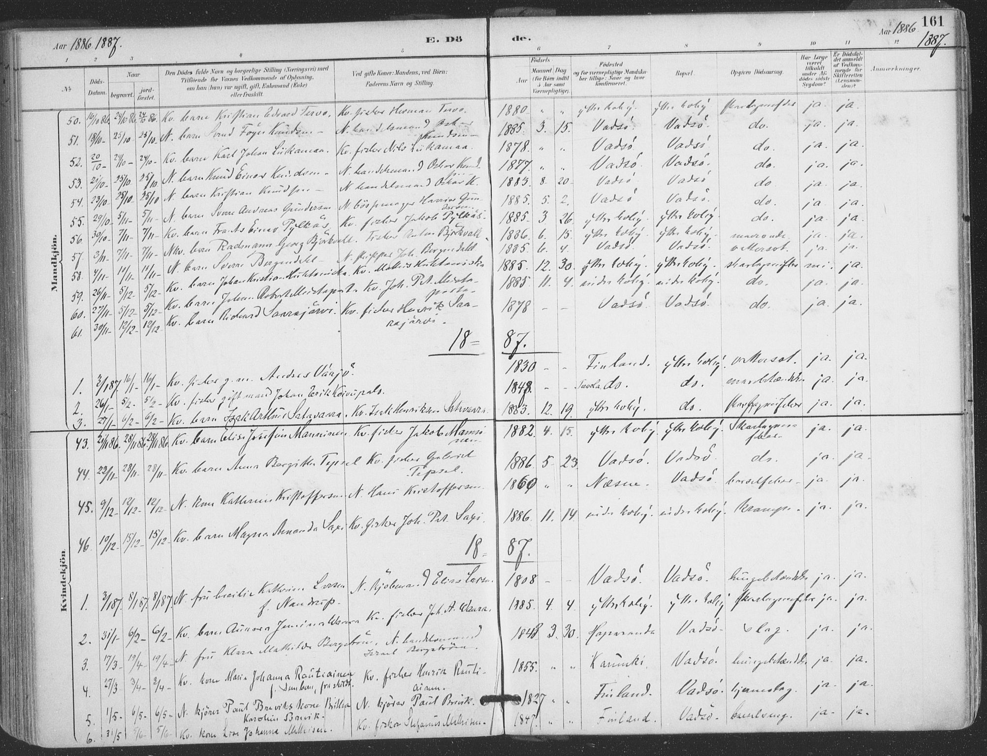 Vadsø sokneprestkontor, AV/SATØ-S-1325/H/Ha/L0006kirke: Parish register (official) no. 6, 1885-1895, p. 161