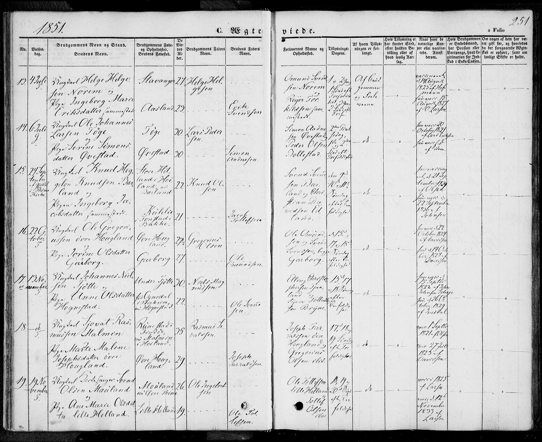 Lye sokneprestkontor, AV/SAST-A-101794/001/30BA/L0006: Parish register (official) no. A 5.2, 1842-1855, p. 251