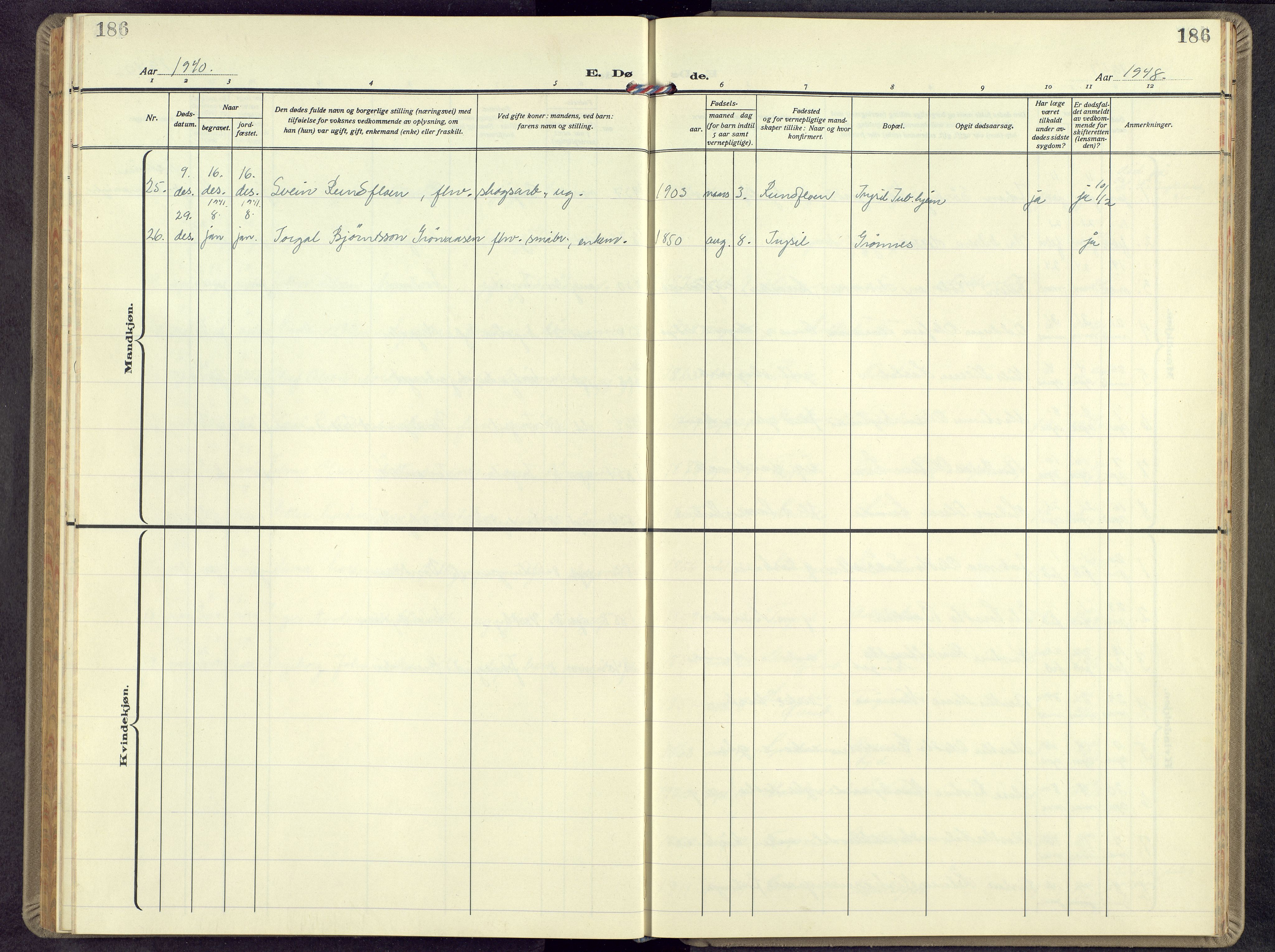 Trysil prestekontor, AV/SAH-PREST-046/H/Ha/Hab/L0012: Parish register (copy) no. 12, 1938-1959, p. 186