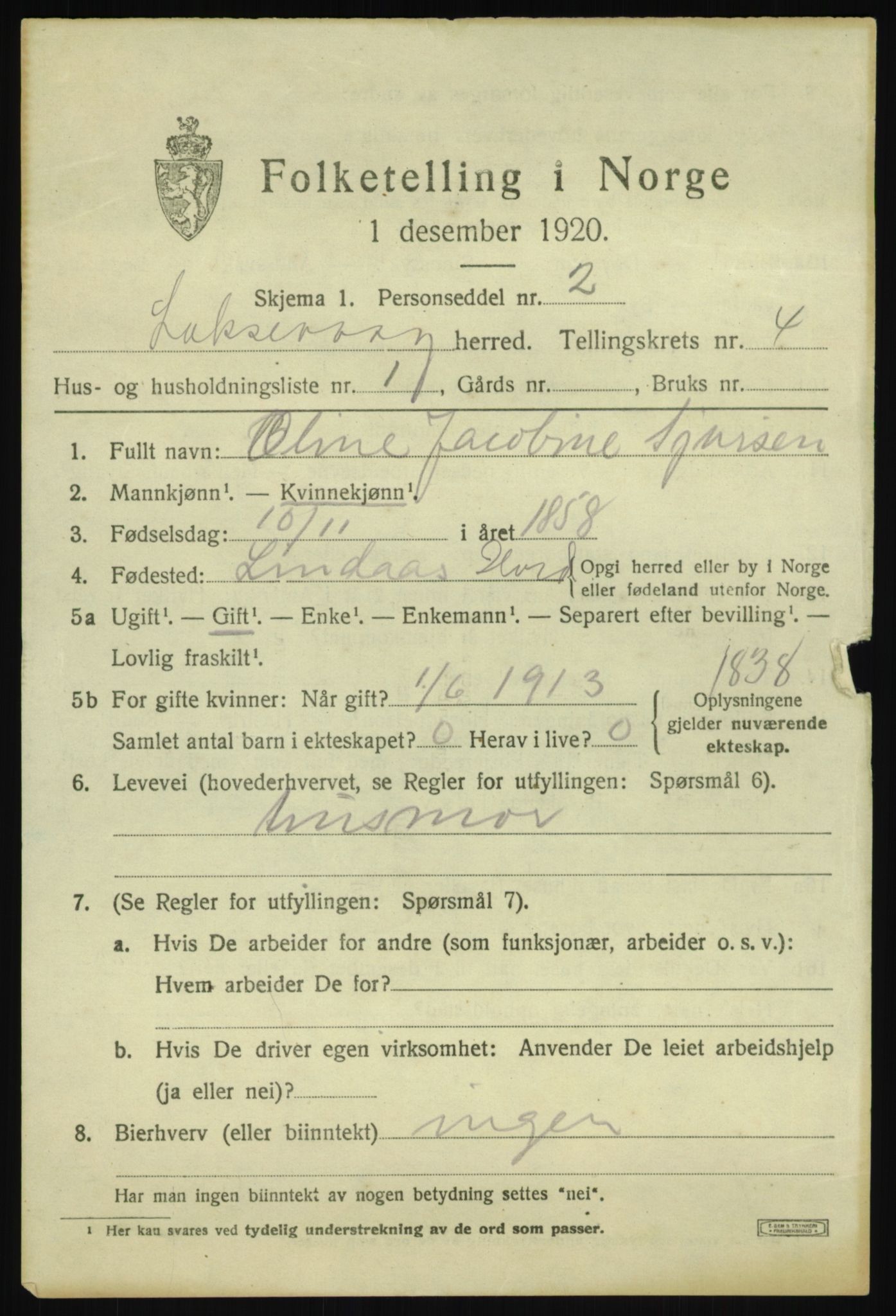 SAB, 1920 census for Laksevåg, 1920, p. 13484