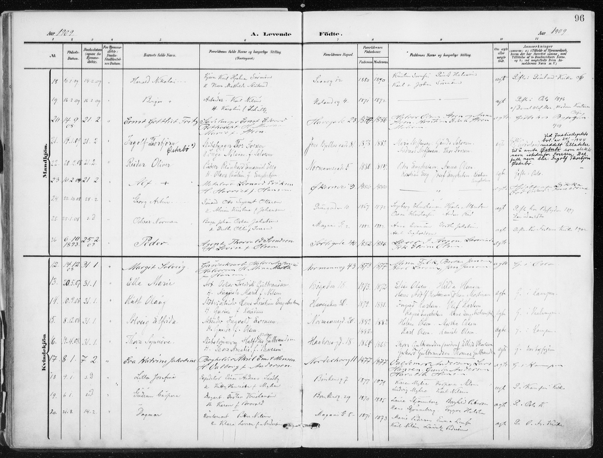 Kampen prestekontor Kirkebøker, AV/SAO-A-10853/F/Fa/L0010: Parish register (official) no. I 10, 1905-1917, p. 96