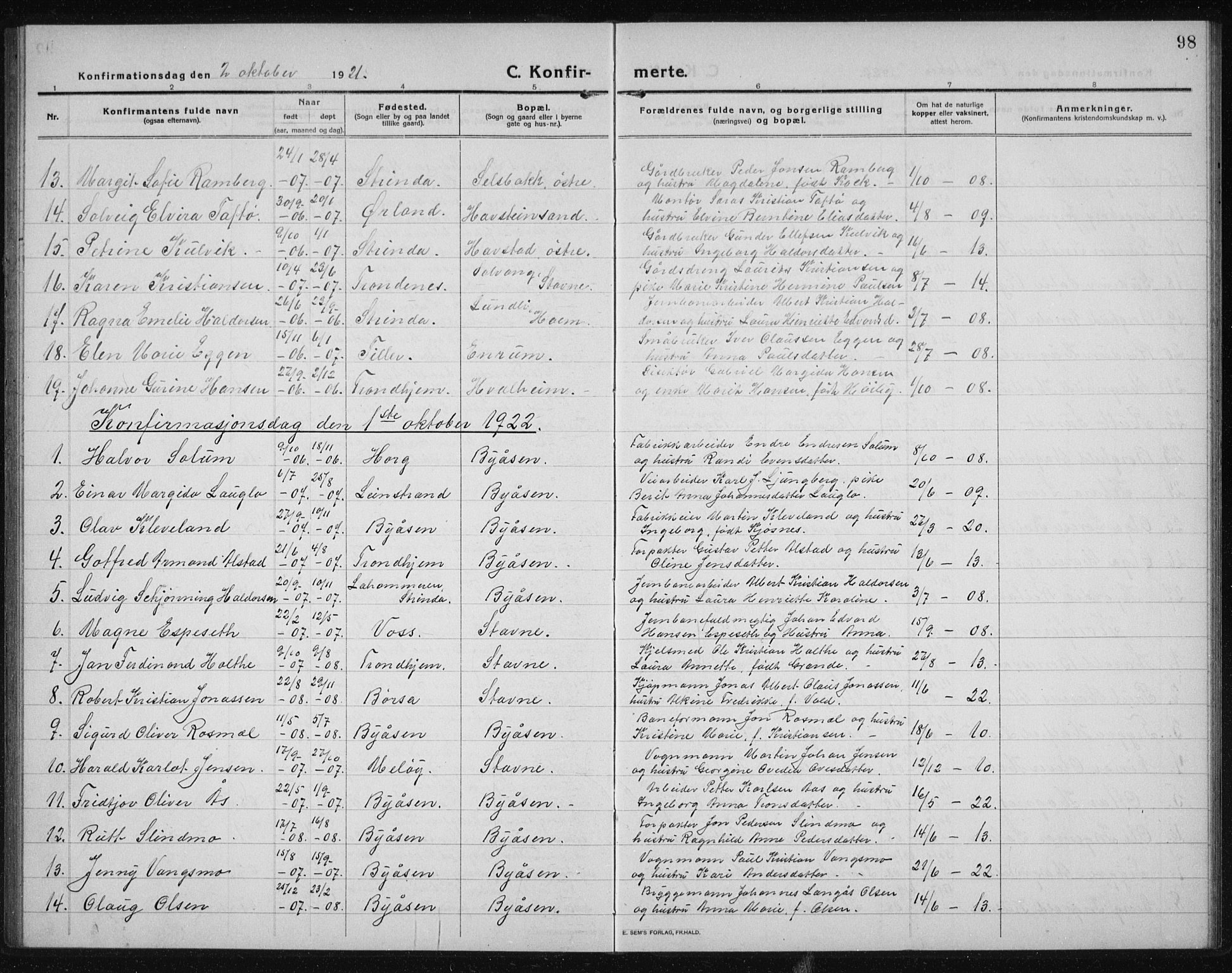 Ministerialprotokoller, klokkerbøker og fødselsregistre - Sør-Trøndelag, AV/SAT-A-1456/611/L0356: Parish register (copy) no. 611C04, 1914-1938, p. 98