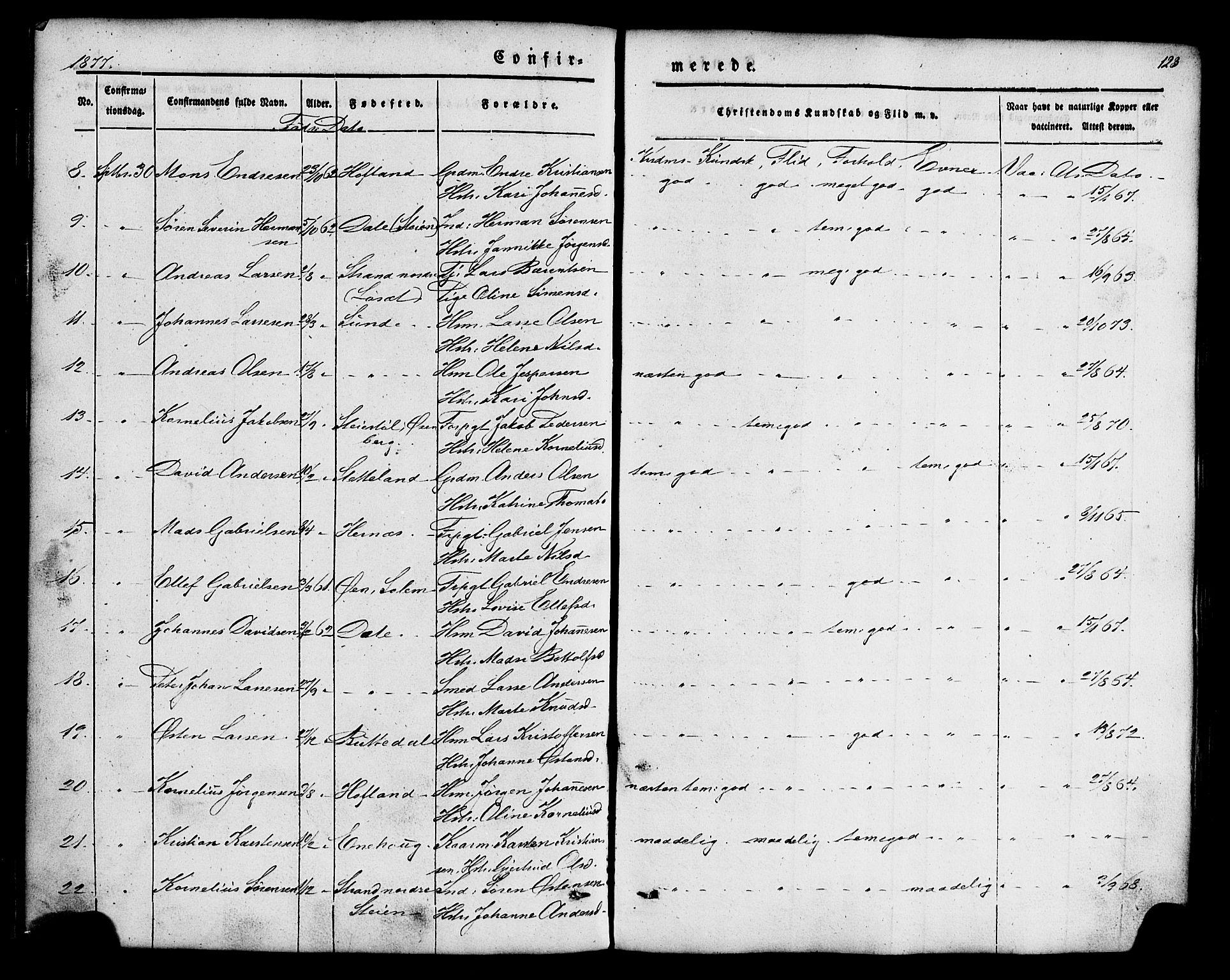 Fjaler sokneprestembete, SAB/A-79801/H/Haa/Haaa/L0008: Parish register (official) no. A 8, 1850-1886, p. 123