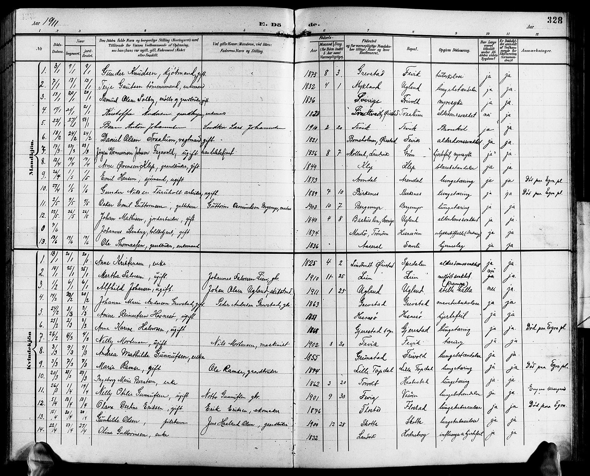 Fjære sokneprestkontor, SAK/1111-0011/F/Fb/L0012: Parish register (copy) no. B 12, 1902-1925, p. 328