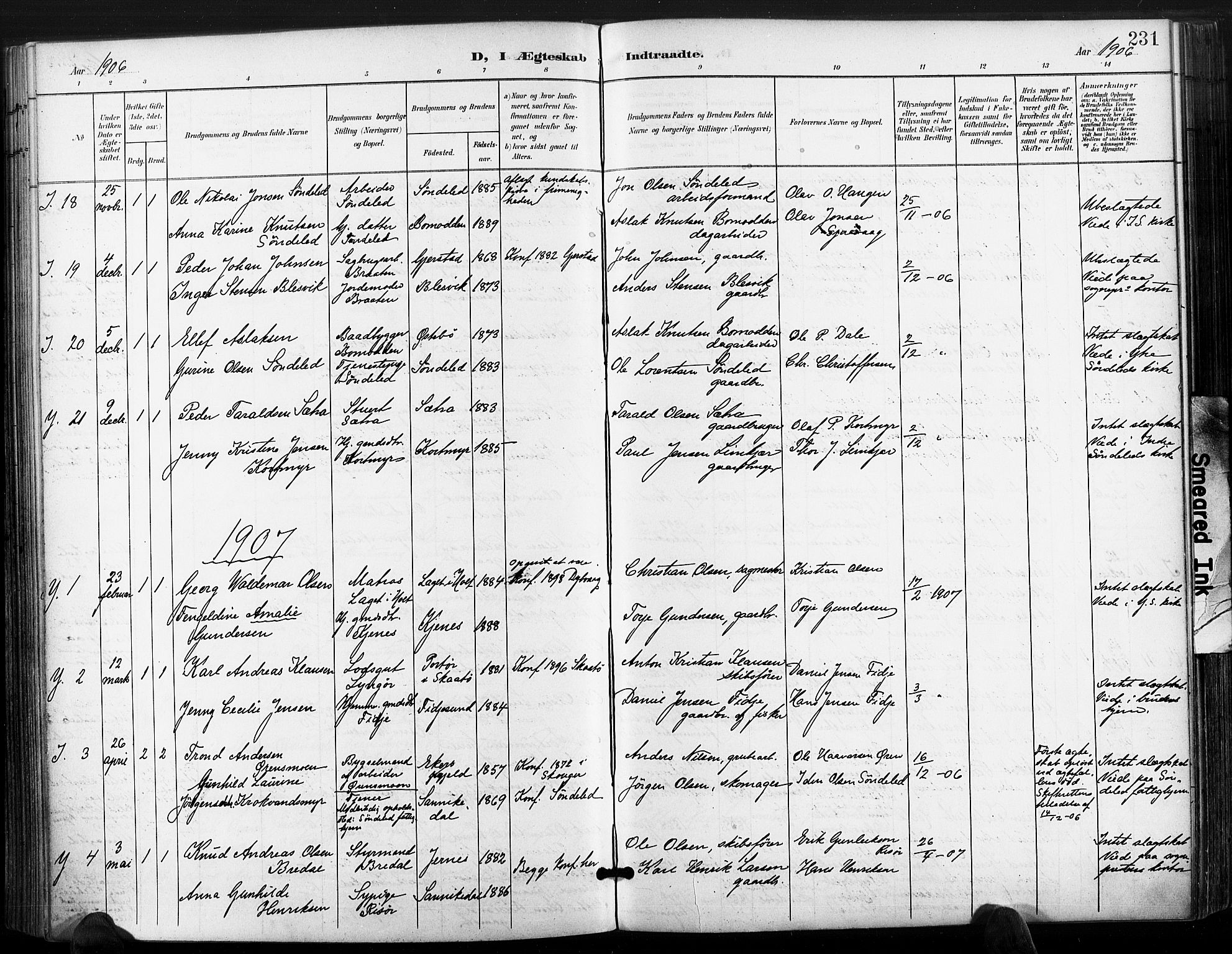 Søndeled sokneprestkontor, SAK/1111-0038/F/Fa/L0006: Parish register (official) no. A 6, 1900-1922, p. 231