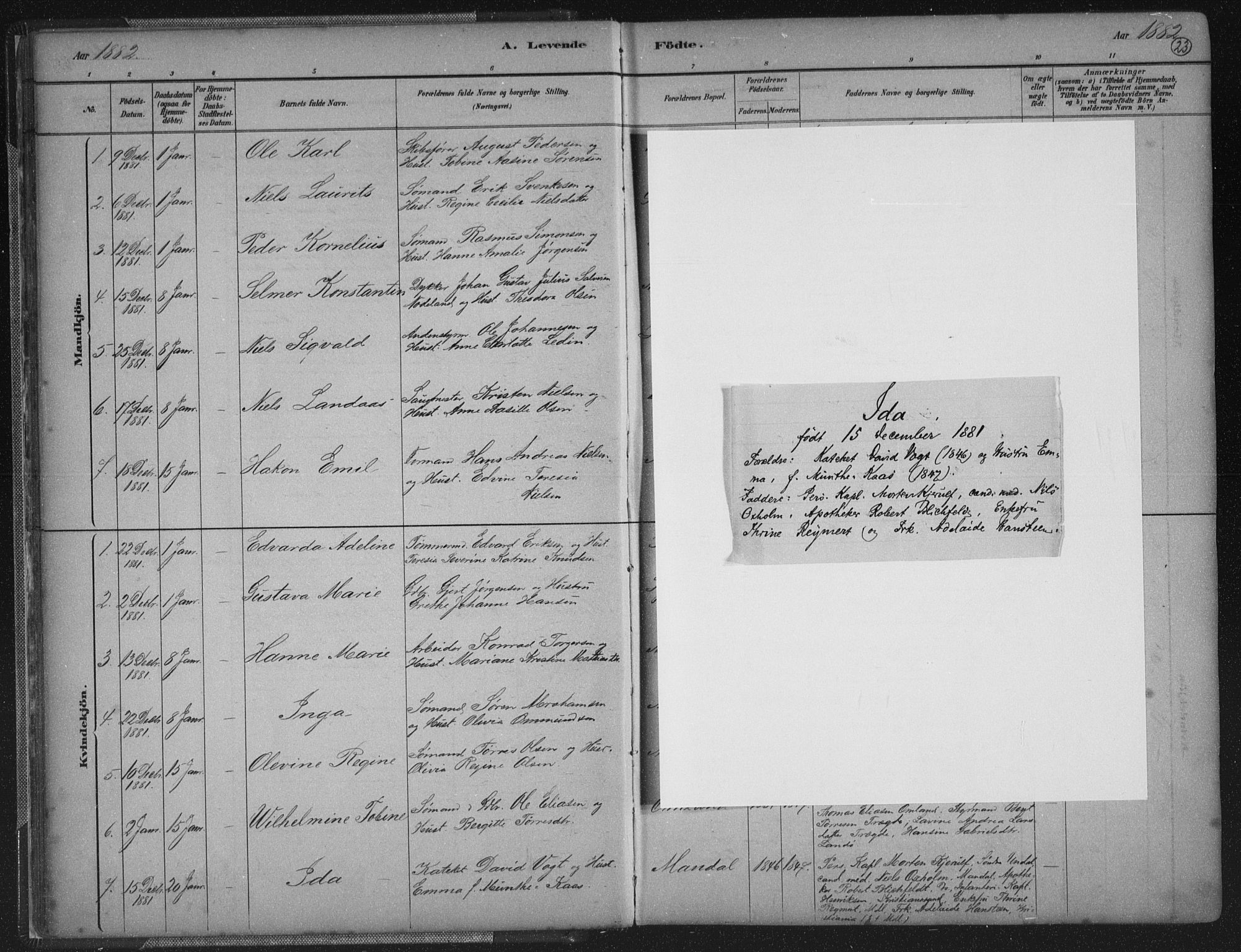 Mandal sokneprestkontor, AV/SAK-1111-0030/F/Fb/Fba/L0011: Parish register (copy) no. B 5, 1880-1898, p. 23