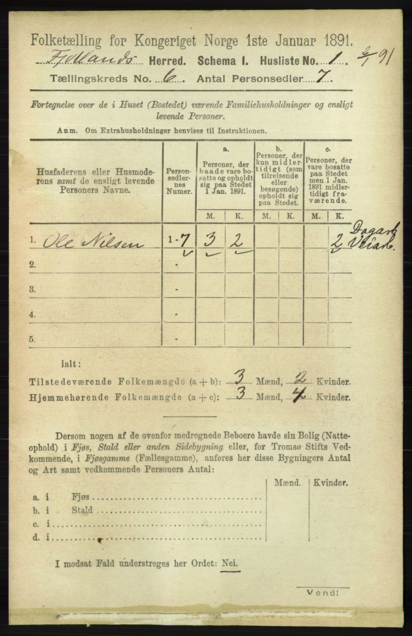 RA, 1891 census for 1036 Fjotland, 1891, p. 837