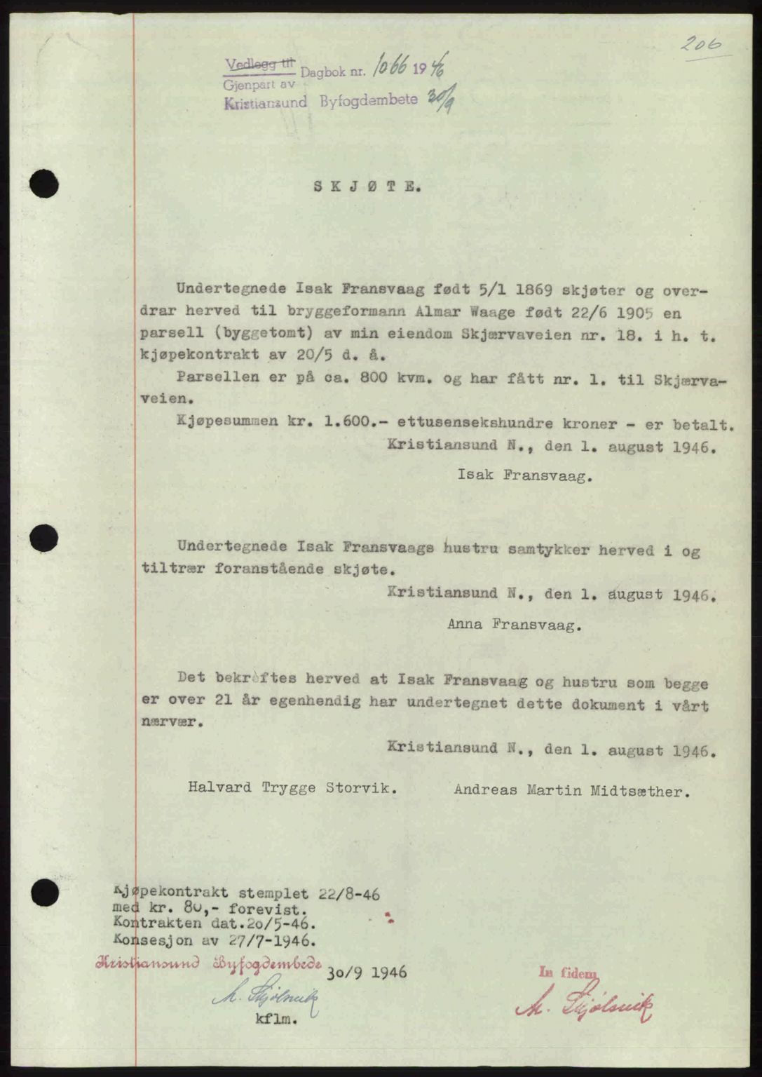 Kristiansund byfogd, AV/SAT-A-4587/A/27: Mortgage book no. 39b, 1946-1947, Diary no: : 1066/1946