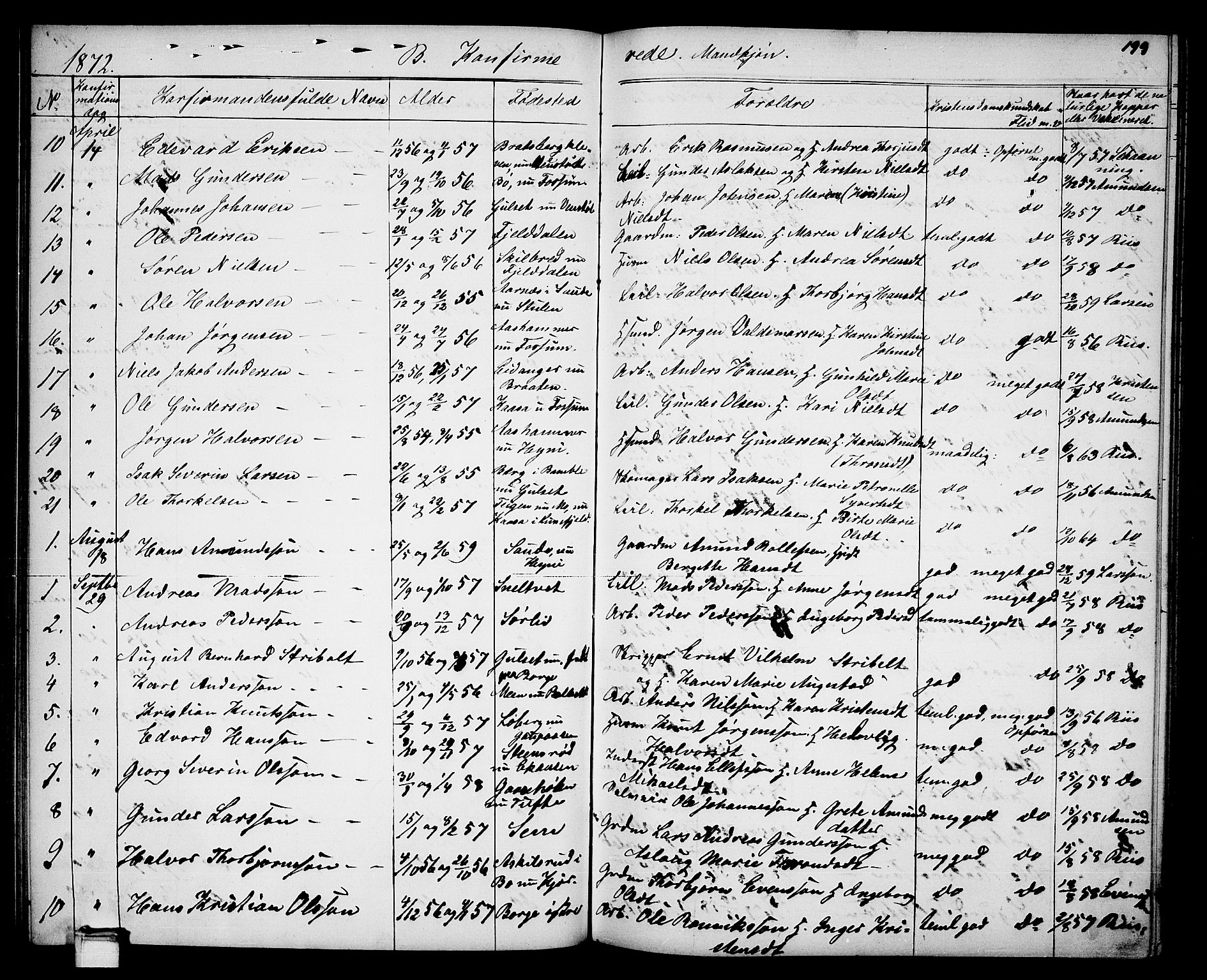 Gjerpen kirkebøker, SAKO/A-265/G/Ga/L0001: Parish register (copy) no. I 1, 1864-1882, p. 199