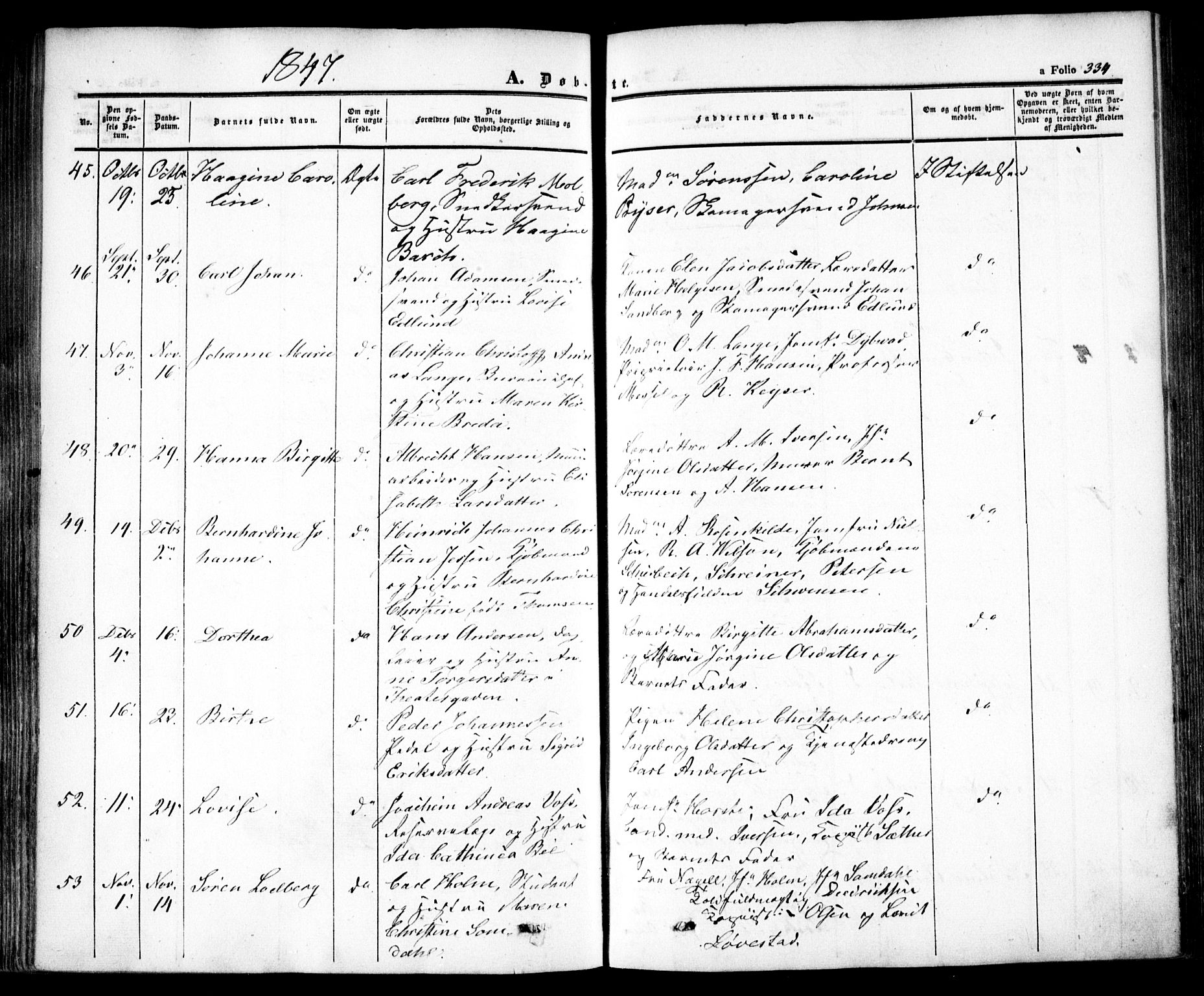 Oslo domkirke Kirkebøker, SAO/A-10752/F/Fa/L0013: Parish register (official) no. 13, 1844-1864, p. 334