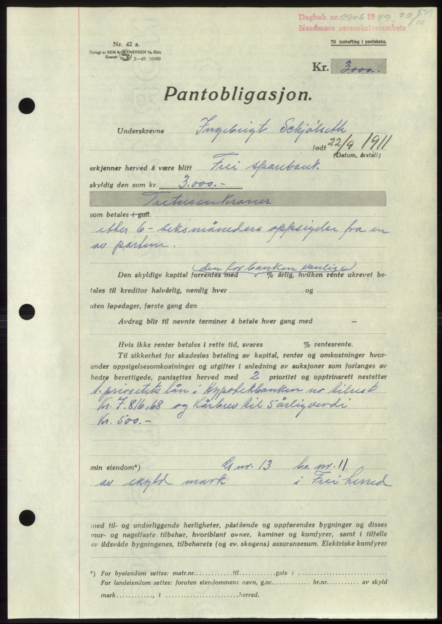 Nordmøre sorenskriveri, AV/SAT-A-4132/1/2/2Ca: Mortgage book no. B102, 1949-1949, Diary no: : 2906/1949