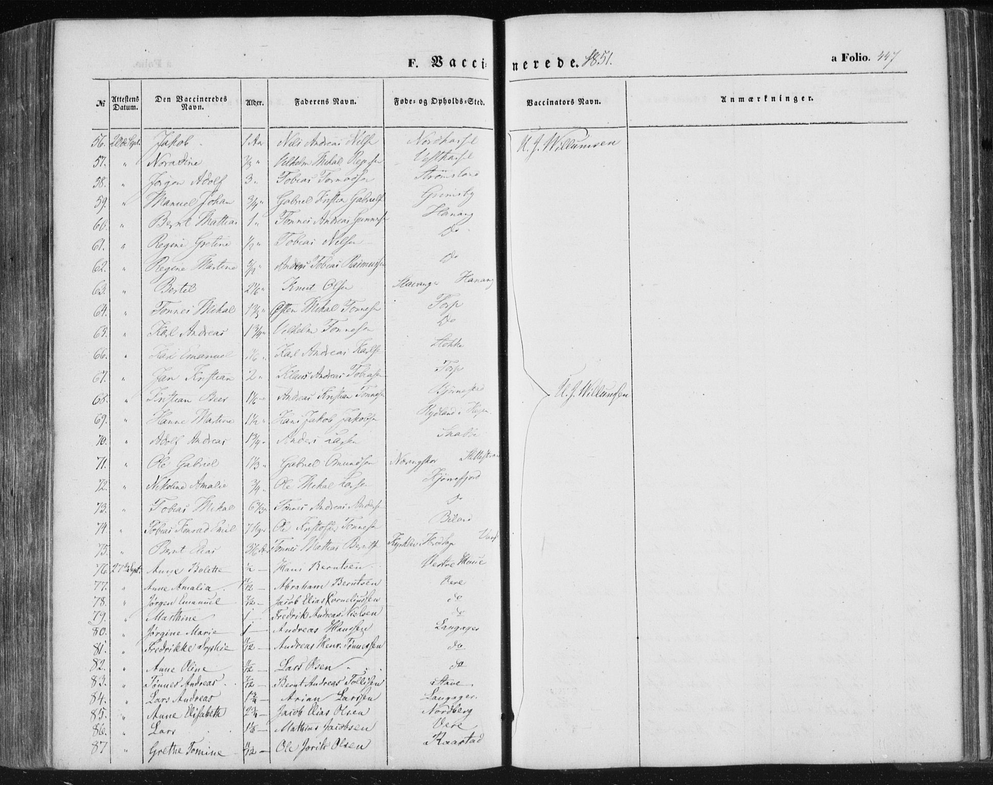 Lista sokneprestkontor, AV/SAK-1111-0027/F/Fa/L0010: Parish register (official) no. A 10, 1846-1861, p. 447