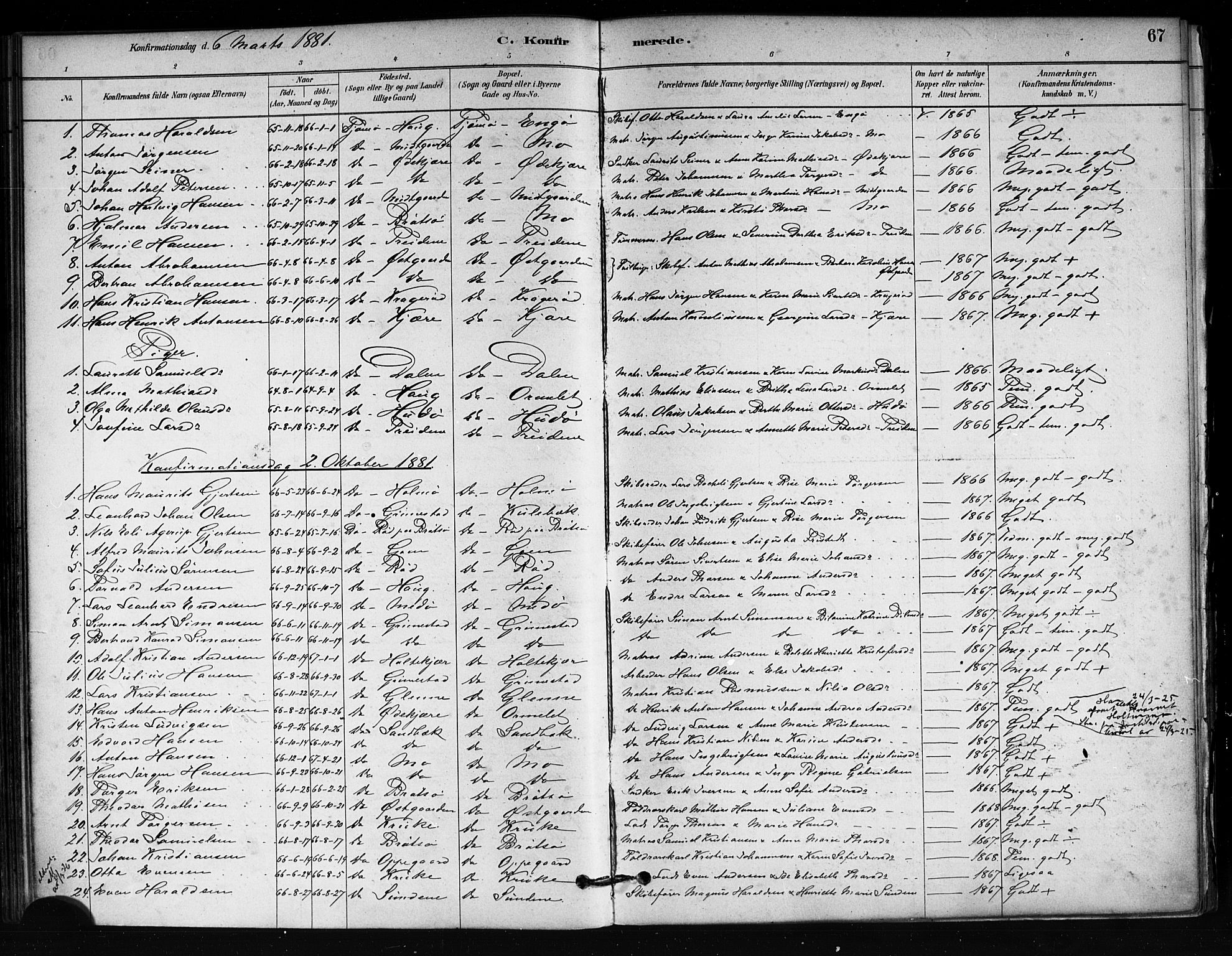 Tjøme kirkebøker, AV/SAKO-A-328/F/Fa/L0001: Parish register (official) no. I 1, 1879-1890, p. 67
