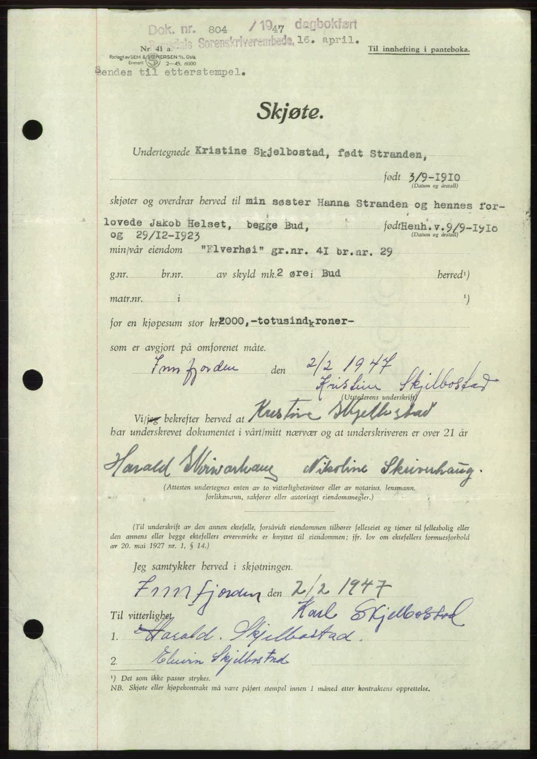 Romsdal sorenskriveri, SAT/A-4149/1/2/2C: Mortgage book no. A22, 1947-1947, Diary no: : 804/1947