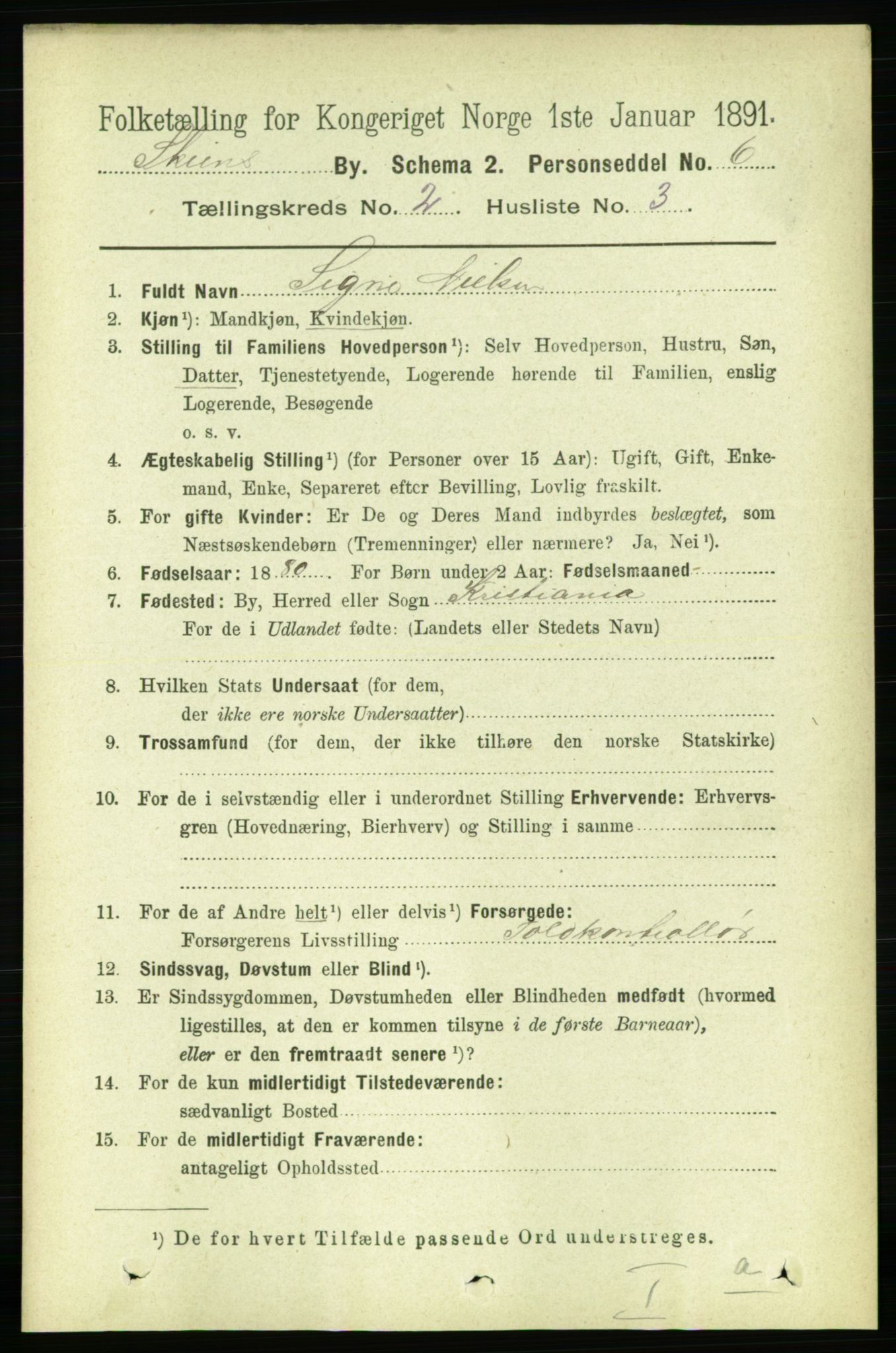 RA, 1891 census for 0806 Skien, 1891, p. 2331