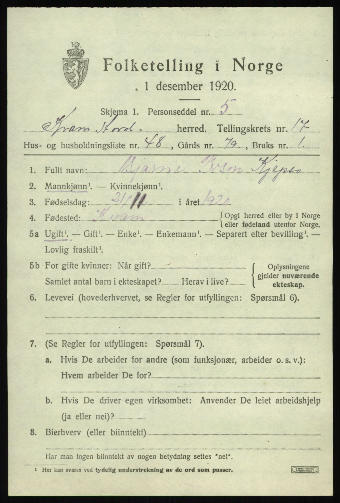 SAB, 1920 census for Kvam, 1920, p. 9857