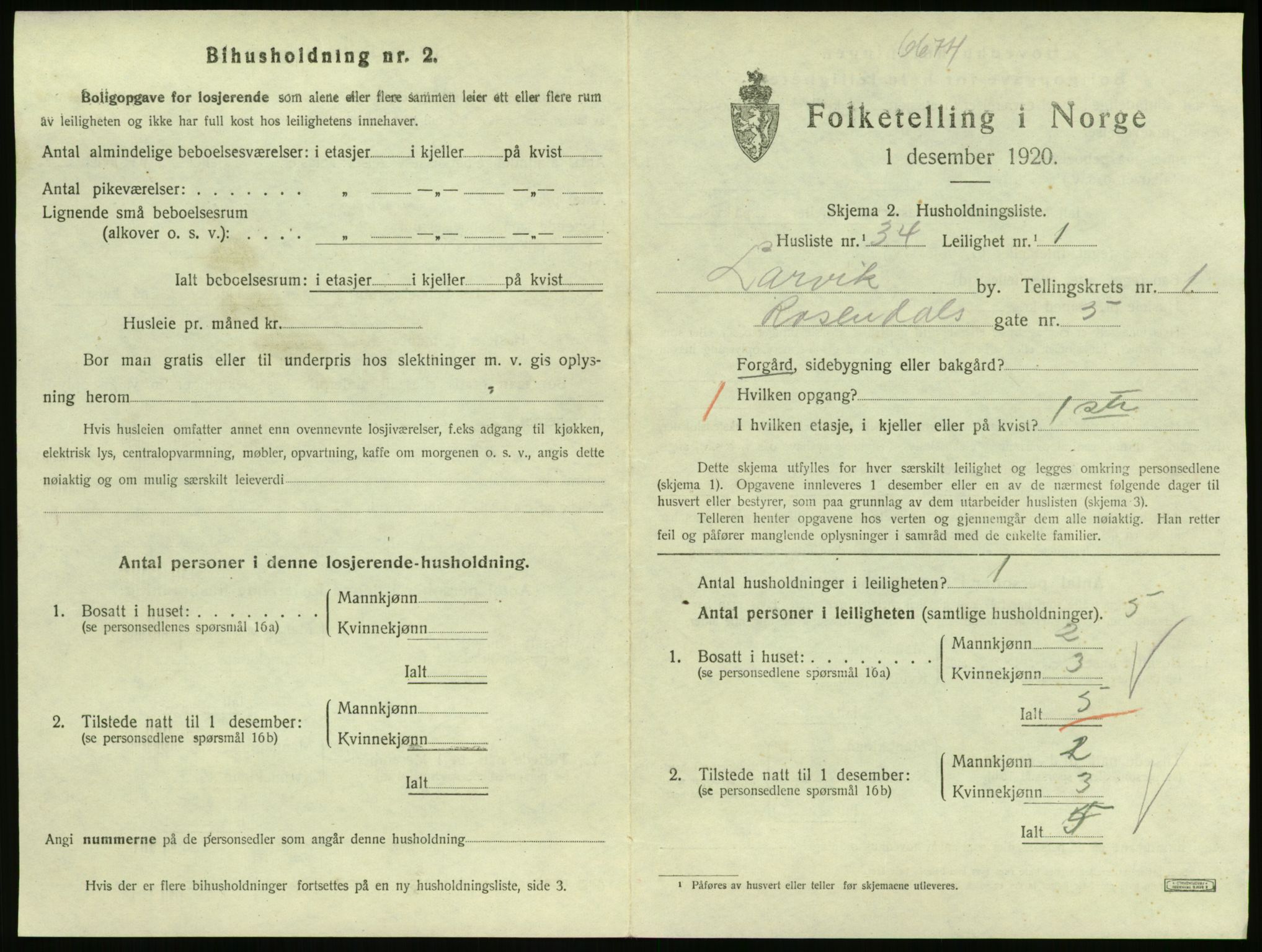 SAKO, 1920 census for Larvik, 1920, p. 3134