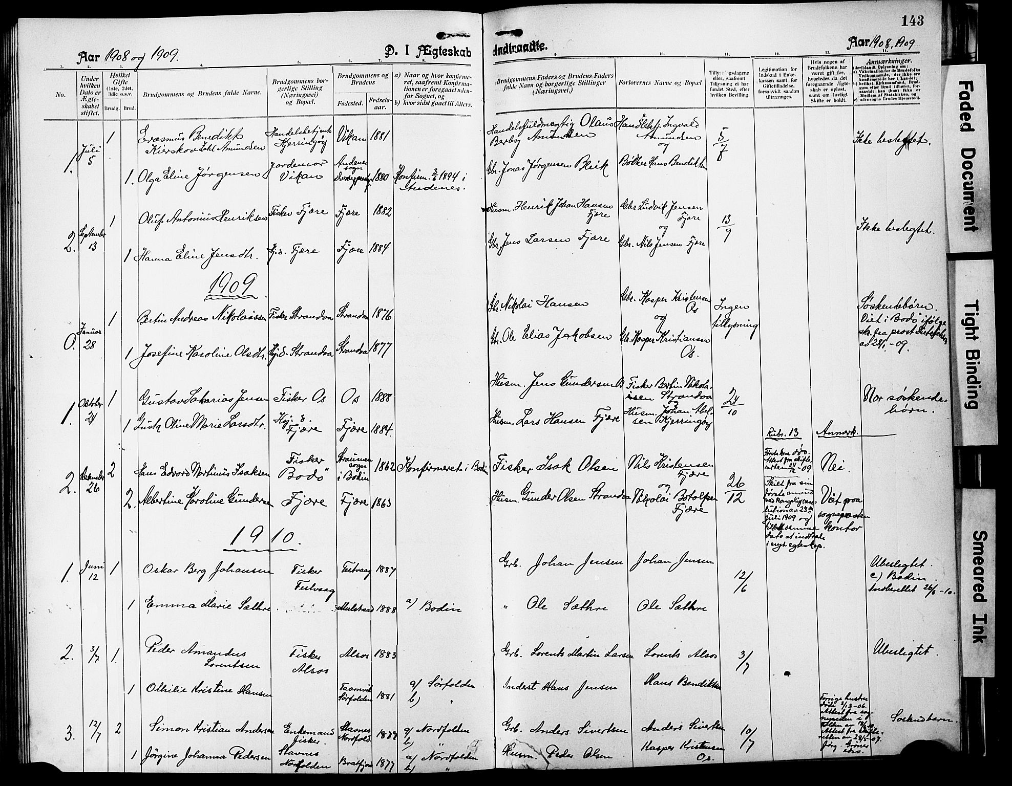 Ministerialprotokoller, klokkerbøker og fødselsregistre - Nordland, SAT/A-1459/803/L0077: Parish register (copy) no. 803C04, 1897-1930, p. 143