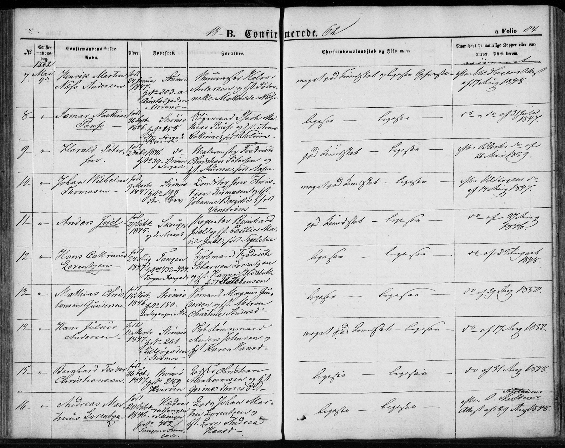 Strømsø kirkebøker, SAKO/A-246/F/Fa/L0017: Parish register (official) no. I 17, 1848-1865, p. 84