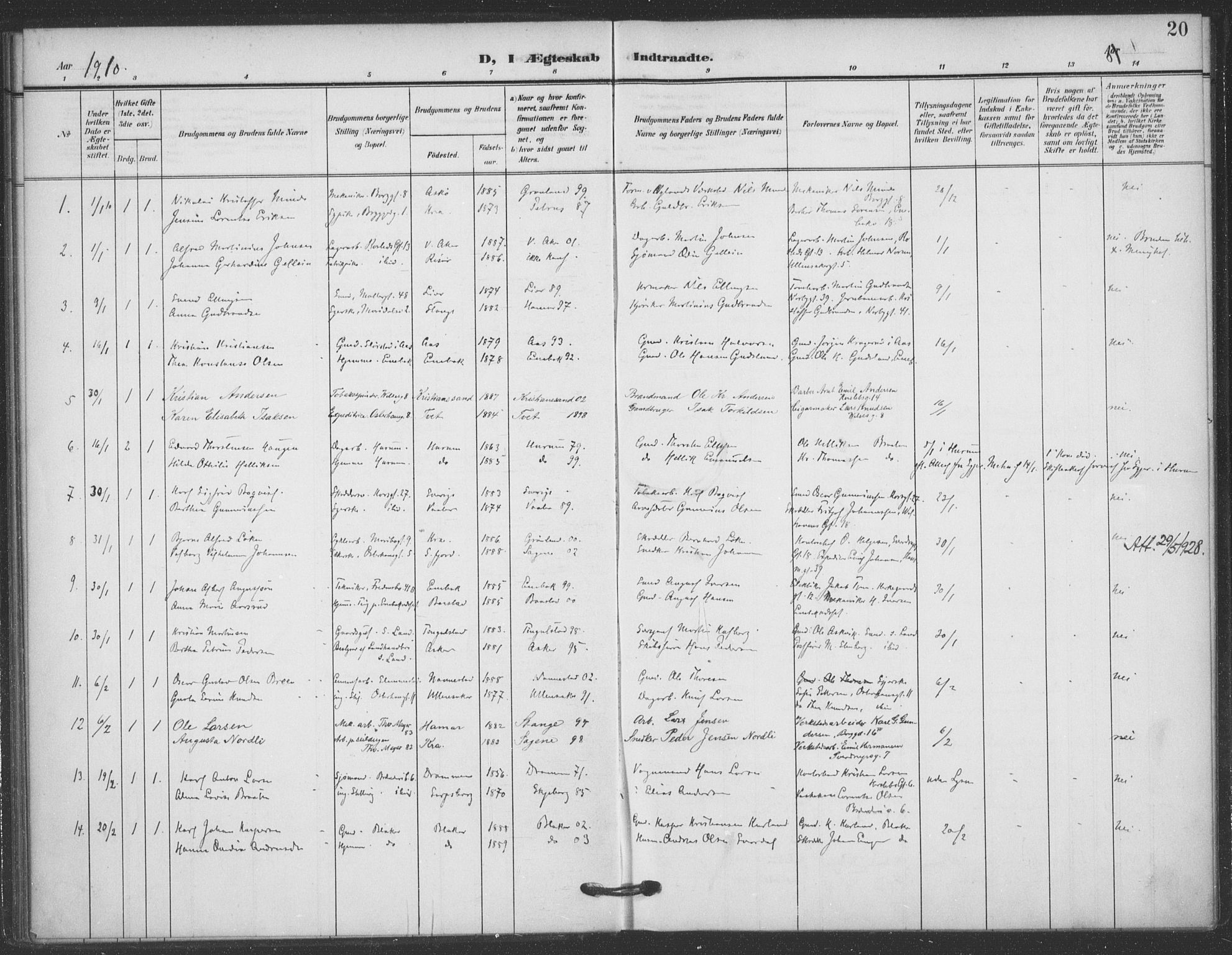 Jakob prestekontor Kirkebøker, SAO/A-10850/F/Fa/L0010: Parish register (official) no. 10, 1908-1922, p. 20