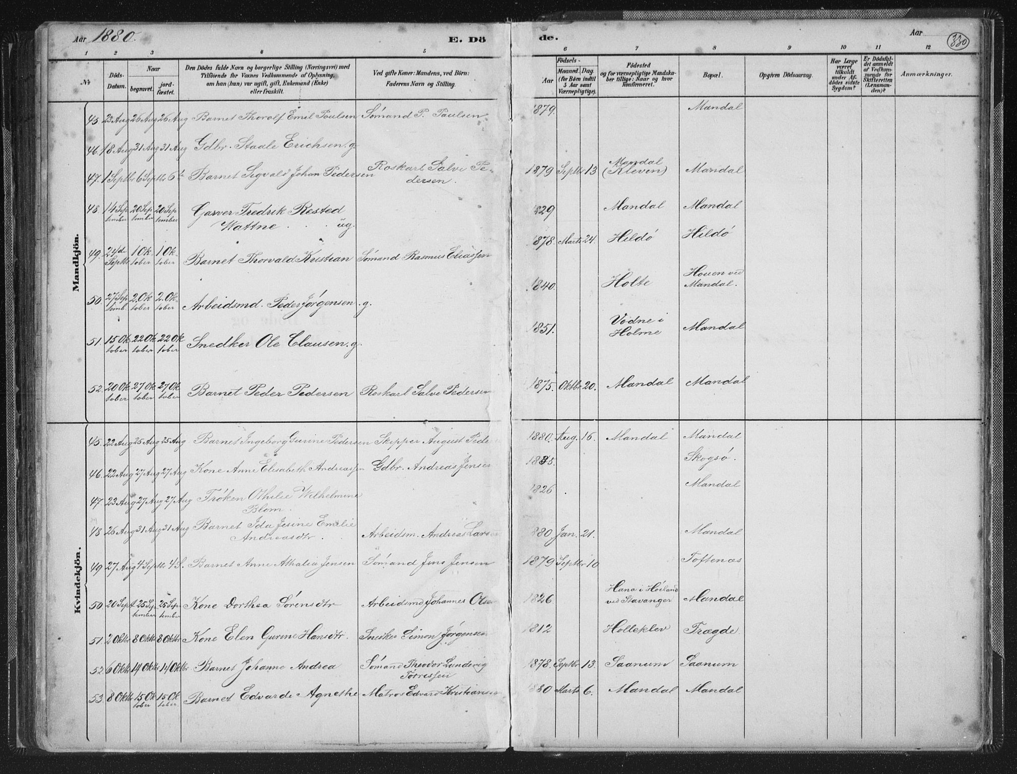 Mandal sokneprestkontor, SAK/1111-0030/F/Fb/Fba/L0011: Parish register (copy) no. B 5, 1880-1898, p. 330