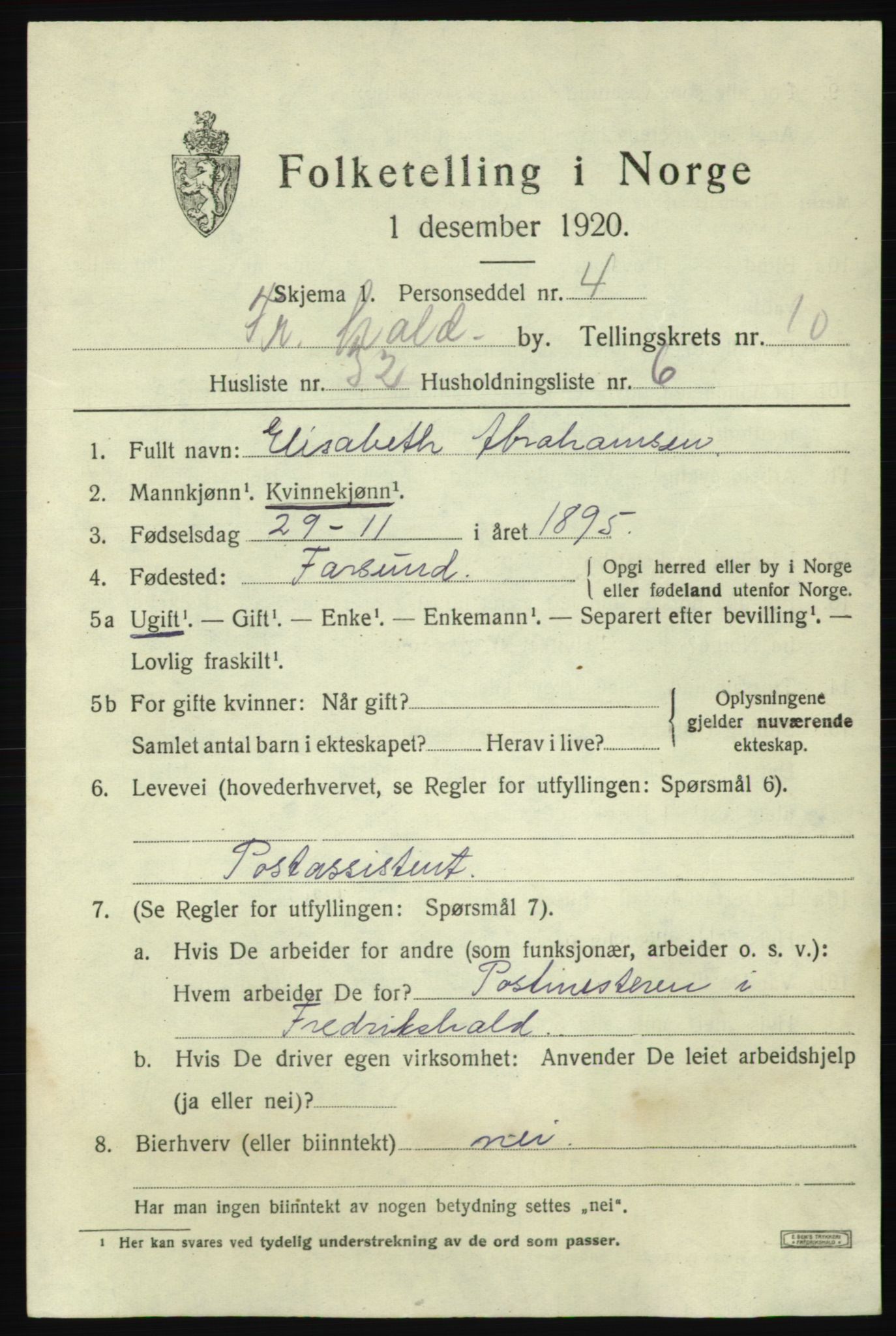 SAO, 1920 census for Fredrikshald, 1920, p. 18463