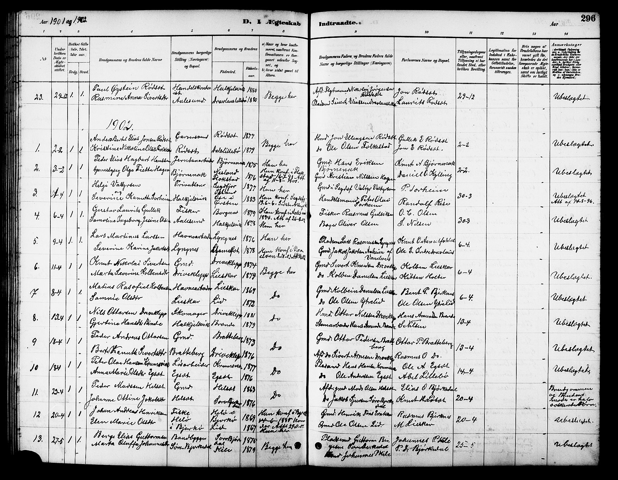 Ministerialprotokoller, klokkerbøker og fødselsregistre - Møre og Romsdal, AV/SAT-A-1454/511/L0158: Parish register (copy) no. 511C04, 1884-1903, p. 296