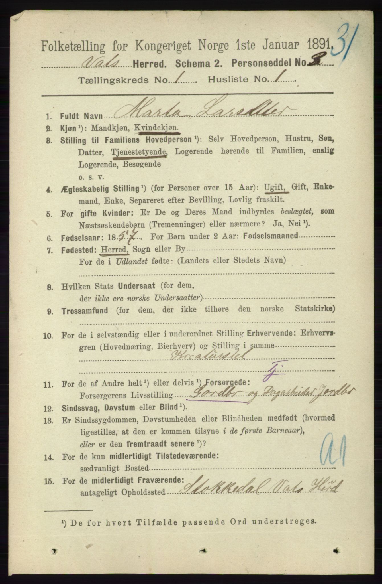 RA, 1891 census for 1155 Vats, 1891, p. 47