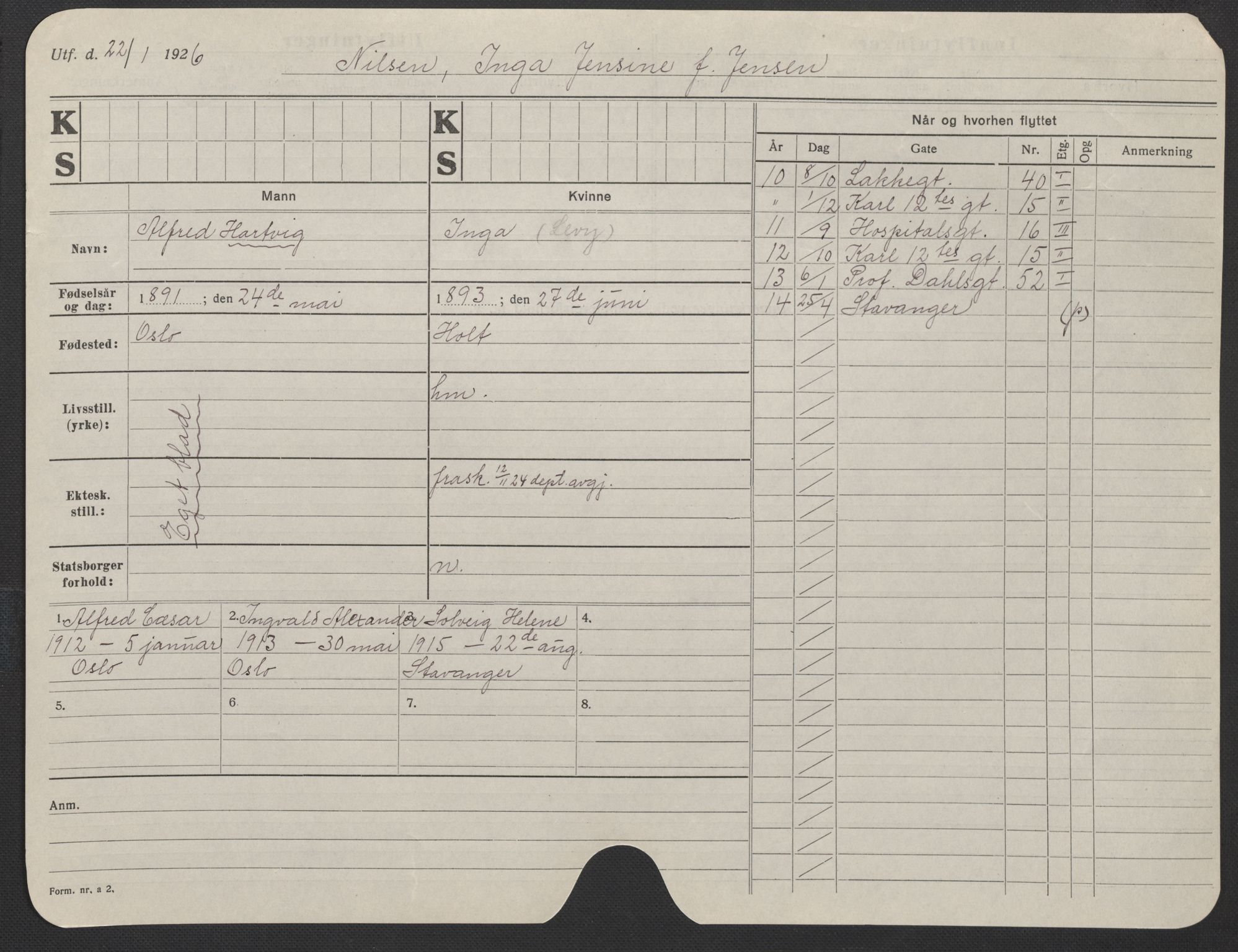 Oslo folkeregister, Registerkort, AV/SAO-A-11715/F/Fa/Fac/L0021: Kvinner, 1906-1914, p. 279a