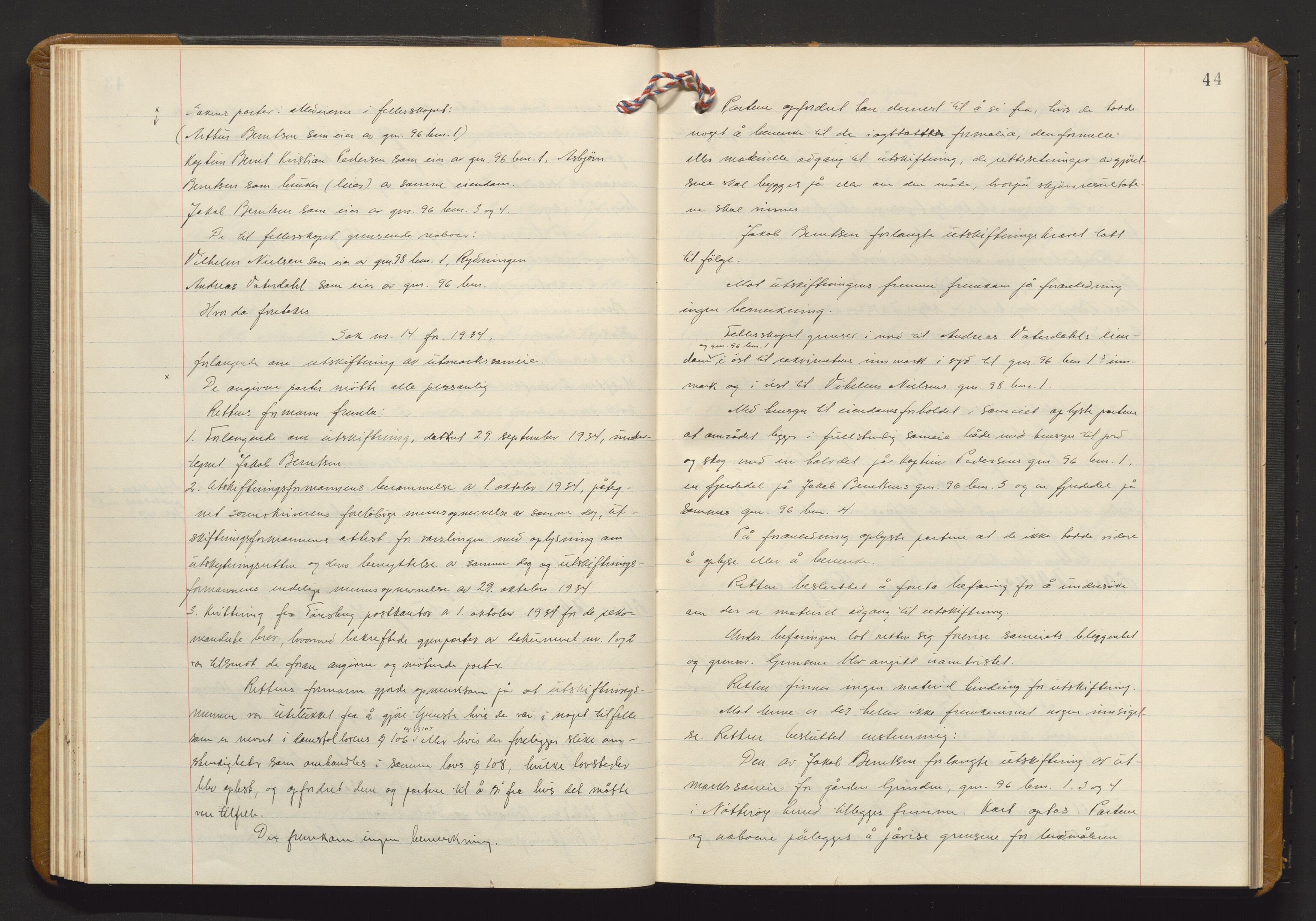 Utskiftningsvesenet i Vestfold, AV/SAKO-A-797/F/Fa/L0021: Rettsbok (forhandlingsprotokoll), 1934-1935, p. 43b-44a