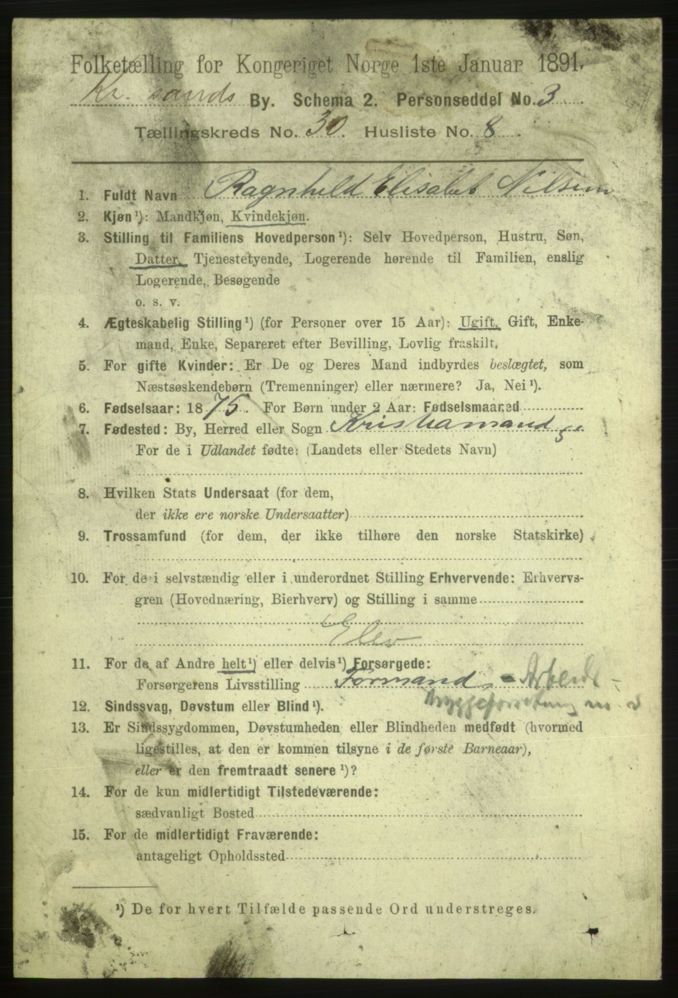 RA, 1891 census for 1001 Kristiansand, 1891, p. 9713