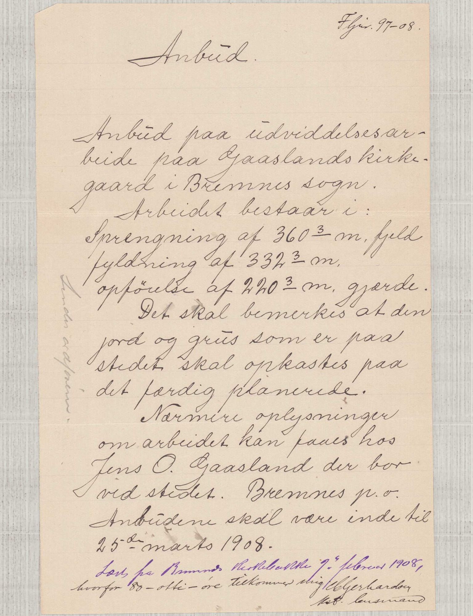 Finnaas kommune. Formannskapet, IKAH/1218a-021/D/Da/L0001/0007: Korrespondanse / saker / Gåsland kyrkjegard, 1906-1908, p. 12