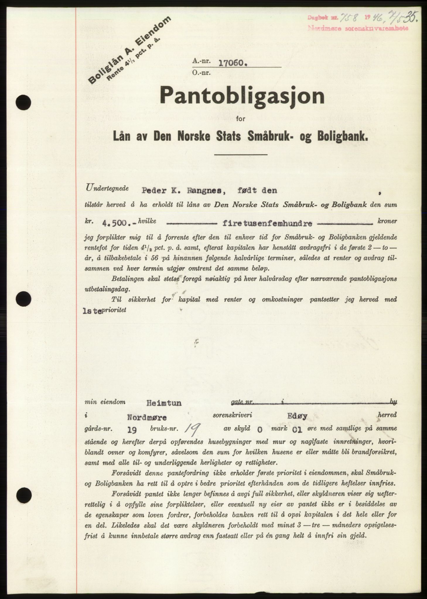 Nordmøre sorenskriveri, AV/SAT-A-4132/1/2/2Ca: Mortgage book no. B94, 1946-1946, Diary no: : 758/1946