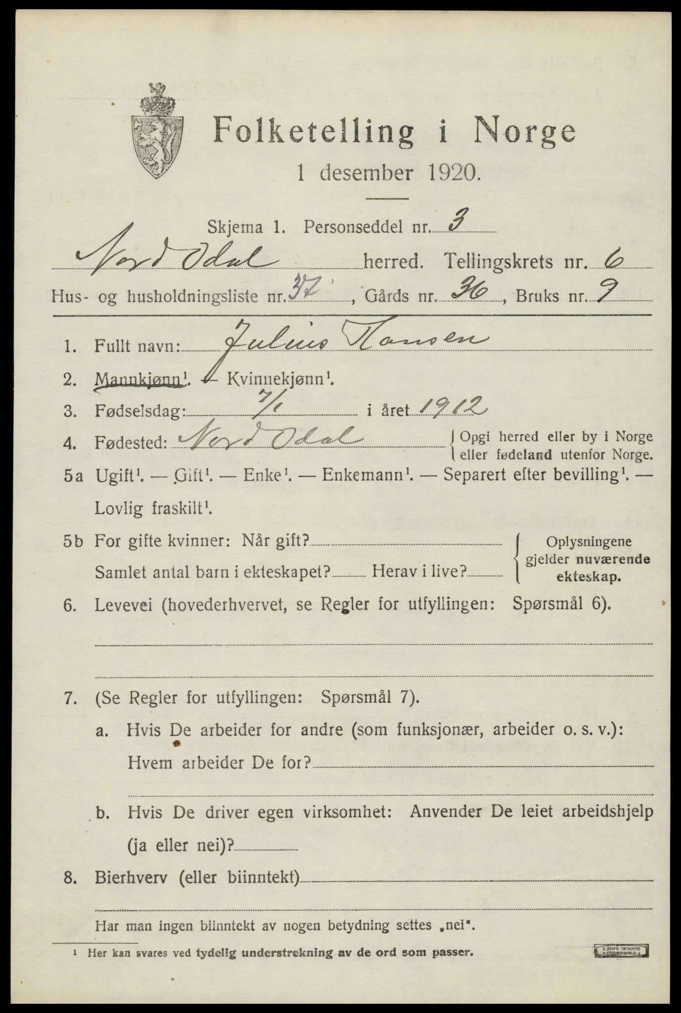 SAH, 1920 census for Nord-Odal, 1920, p. 7015