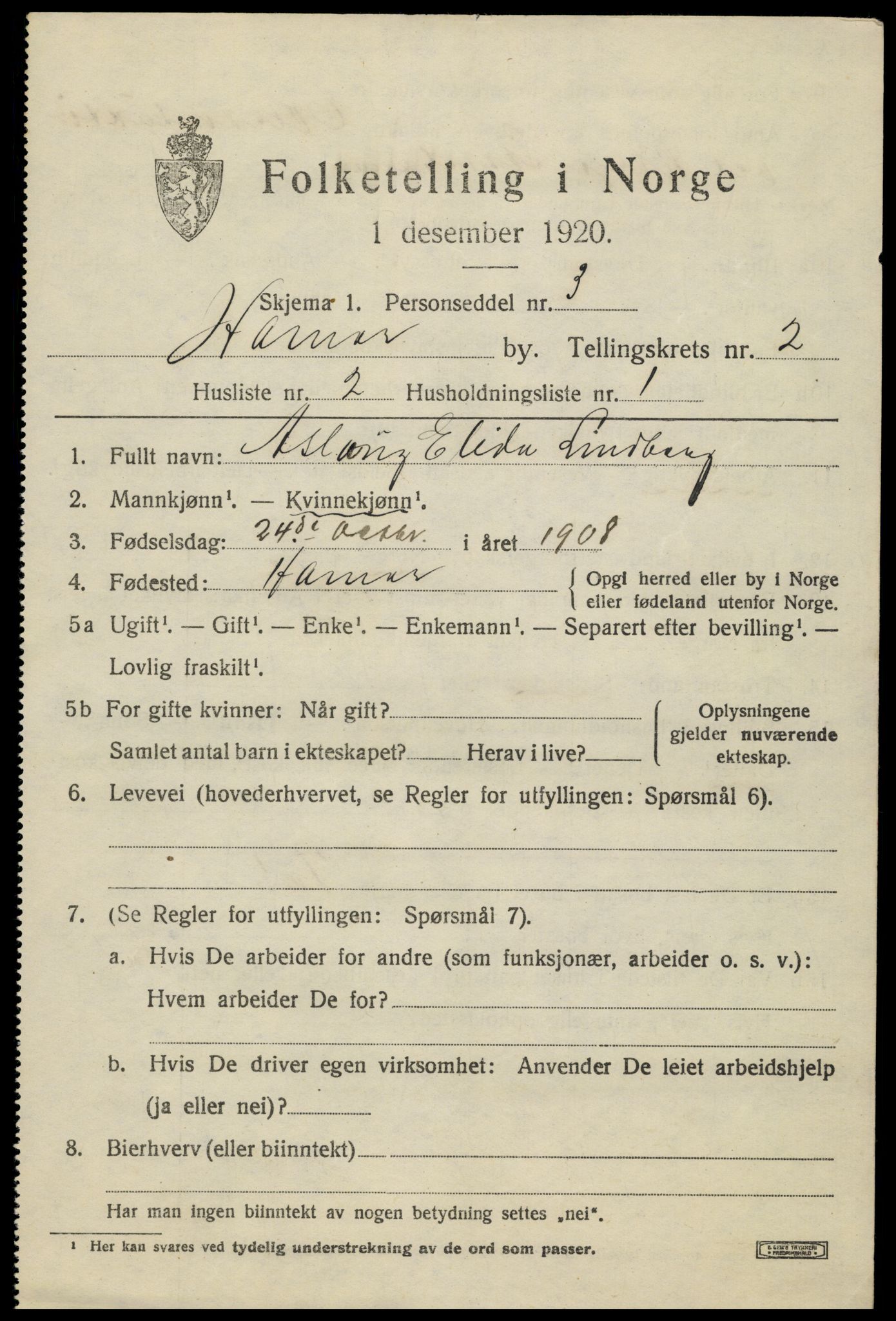 SAH, 1920 census for Hamar, 1920, p. 5769