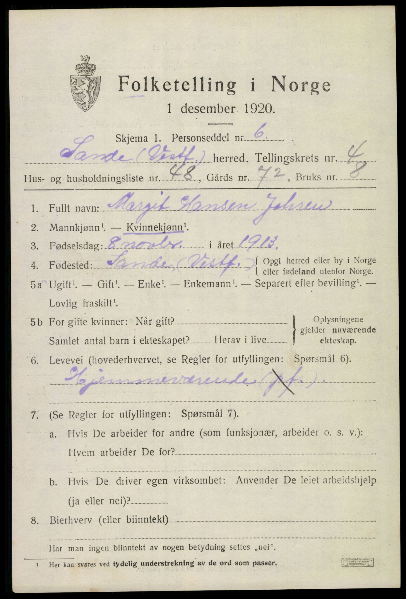 SAKO, 1920 census for Sande, 1920, p. 6128