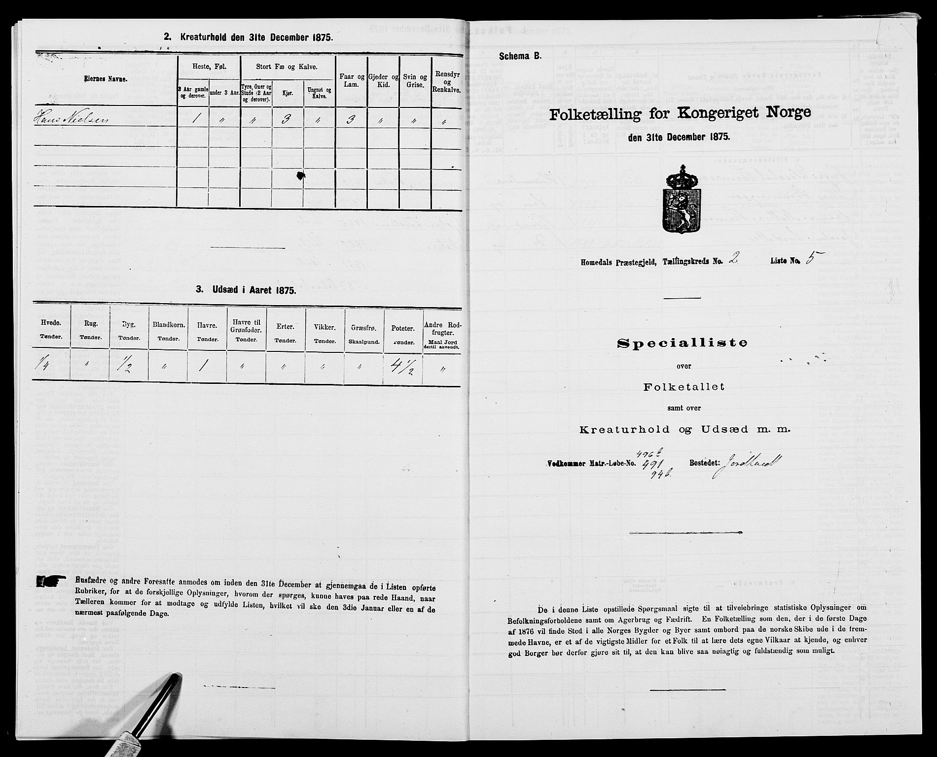 SAK, 1875 census for 0924P Homedal, 1875, p. 136