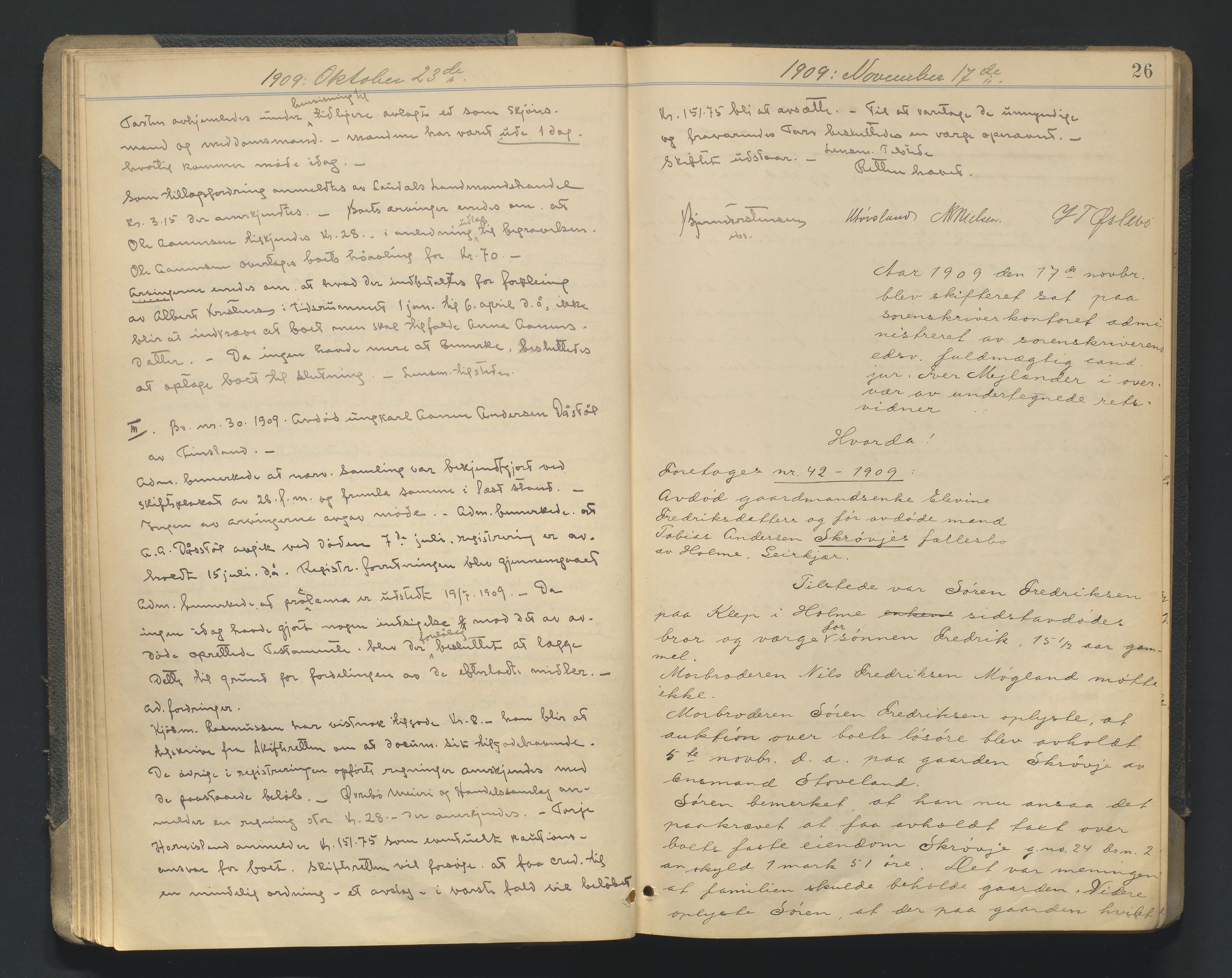 Mandal sorenskriveri, AV/SAK-1221-0005/001/H/Hc/L0081: Skifteforhandlingsprotokoll nr 13, 1909-1913, p. 26