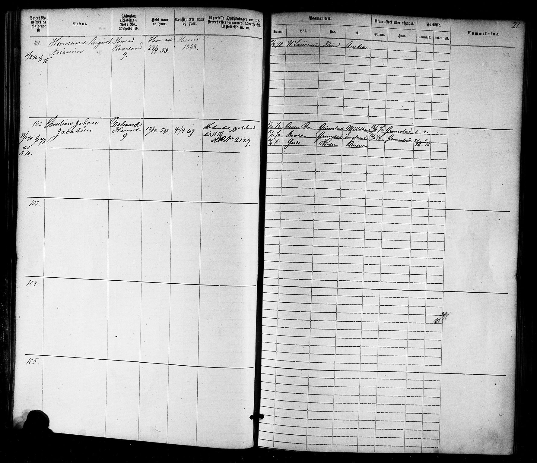 Farsund mønstringskrets, SAK/2031-0017/F/Fa/L0005: Annotasjonsrulle nr 1-1910 med register, Z-2, 1869-1877, p. 47