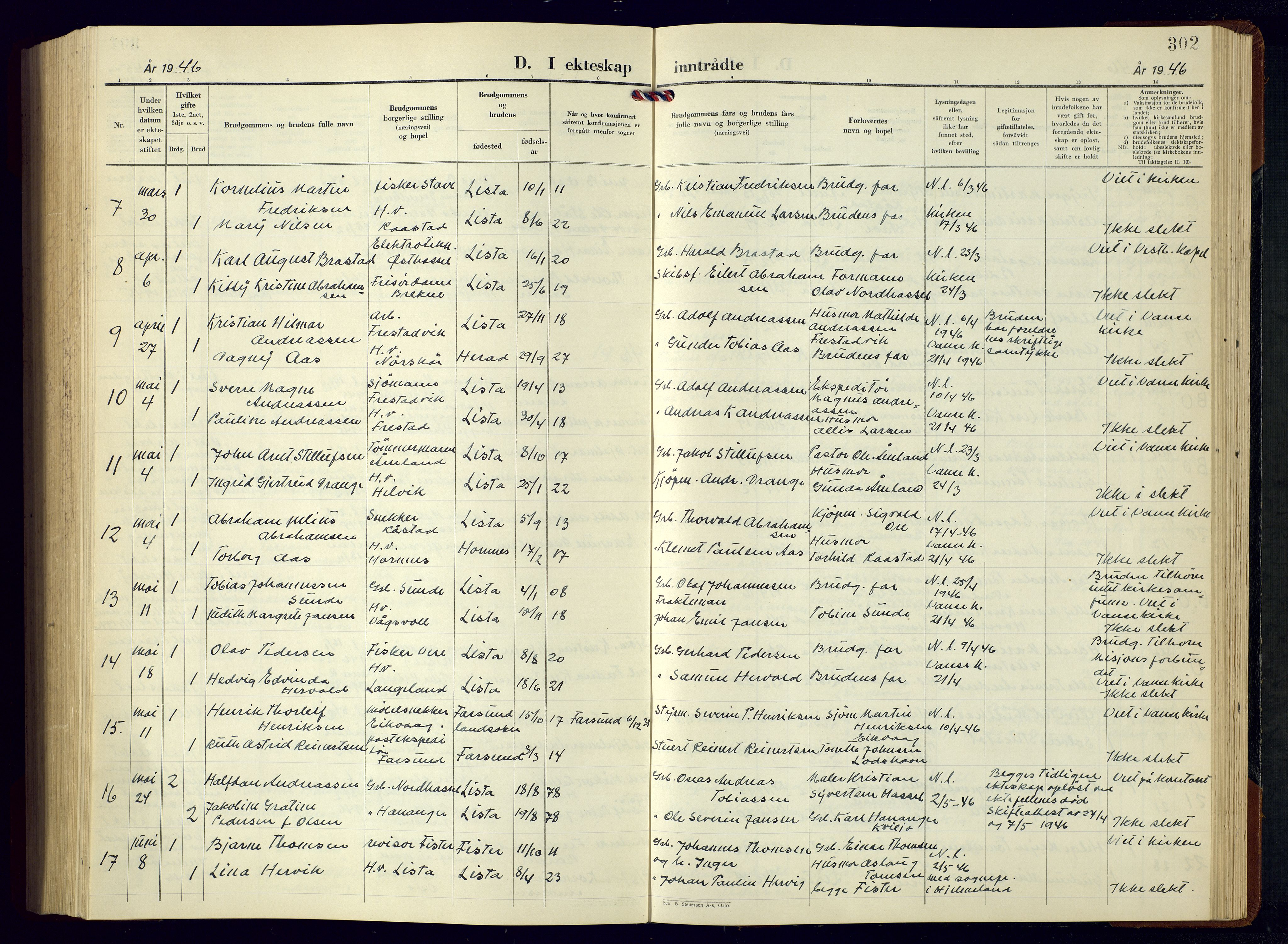 Lista sokneprestkontor, SAK/1111-0027/F/Fb/L0007: Parish register (copy) no. B 7, 1943-1970, p. 302