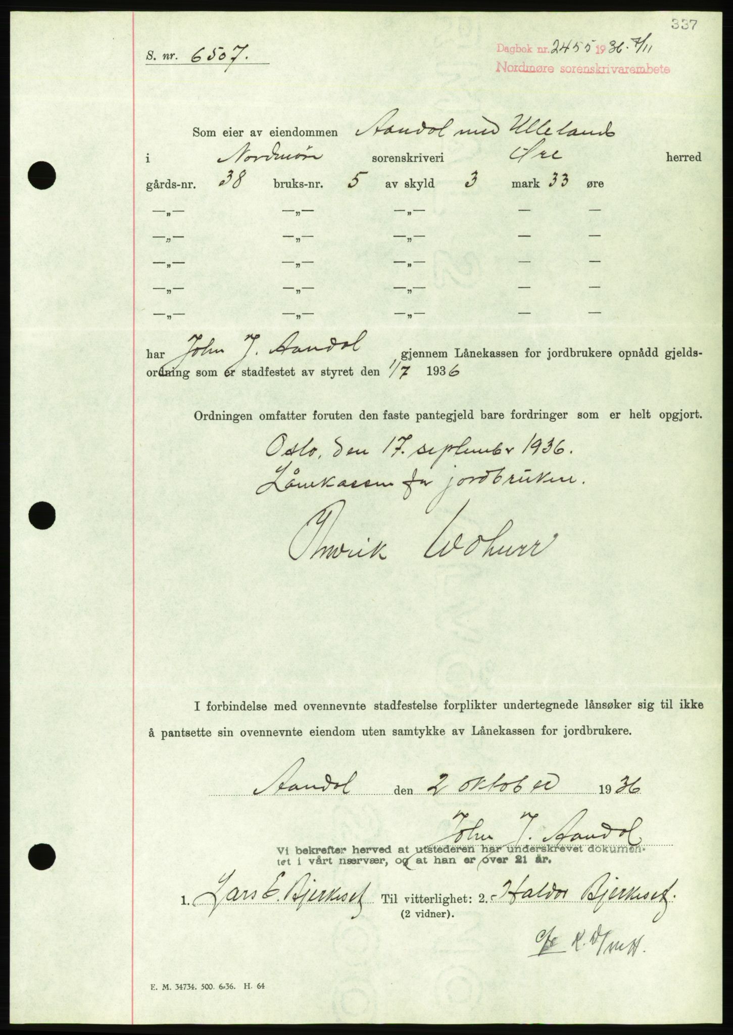 Nordmøre sorenskriveri, AV/SAT-A-4132/1/2/2Ca/L0090: Mortgage book no. B80, 1936-1937, Diary no: : 2455/1936