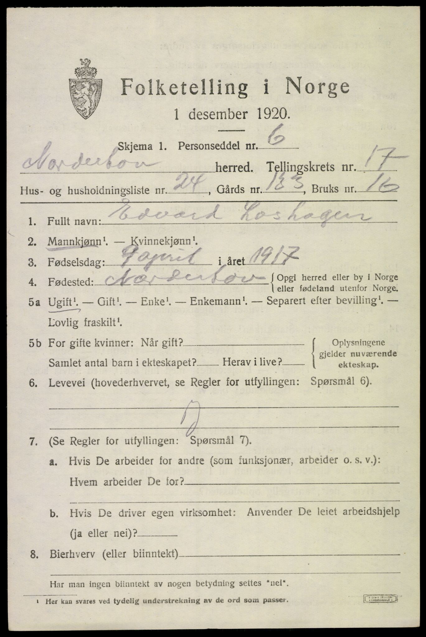 SAKO, 1920 census for Norderhov, 1920, p. 18740